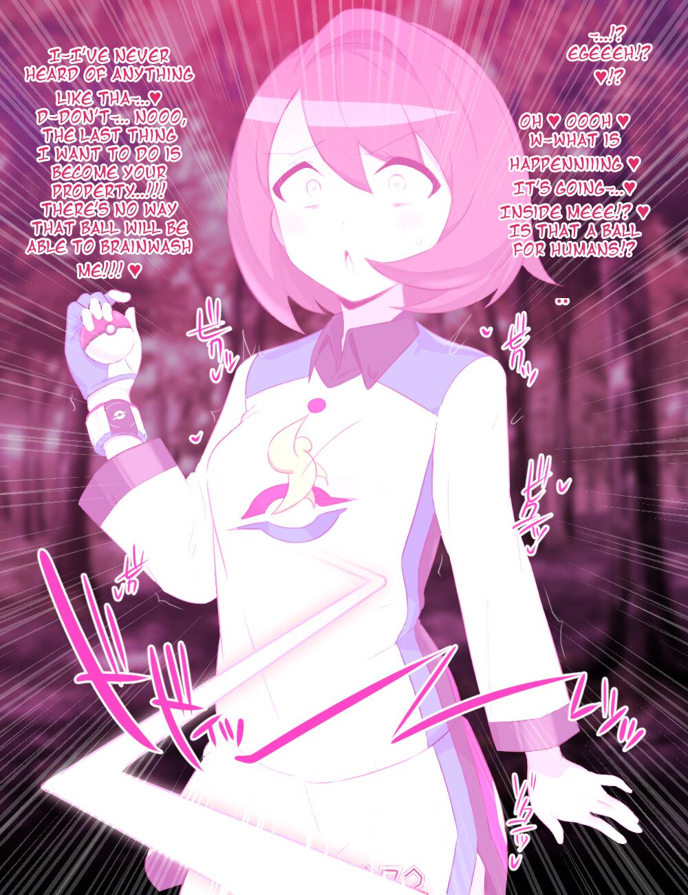 black eyes, breast expansion, breast growth, breast growth (enlargement), breasts, captured, captured by pokeball, caught in pokeball, corruption, english text, female, ganbari mascarpone, gloria (pokemon), human pokemon, mind control, nintendo, pokeball, pokemon, pokemon ss, short hair, text, transformation