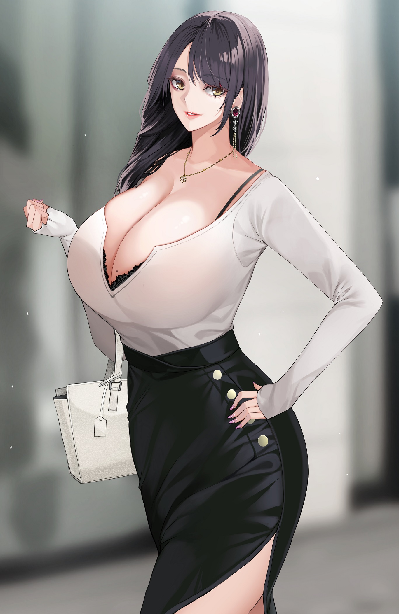 1girls, 2022, bangs, black hair, black skirt, blush, breasts, brown eyes, cleavage, collarbone, female, female focus, female only, highres, large breasts, long hair, long sleeves, looking at viewer, office lady, original, shirt, skirt, smile, solo, solo female, swept bangs, takoneru, white shirt