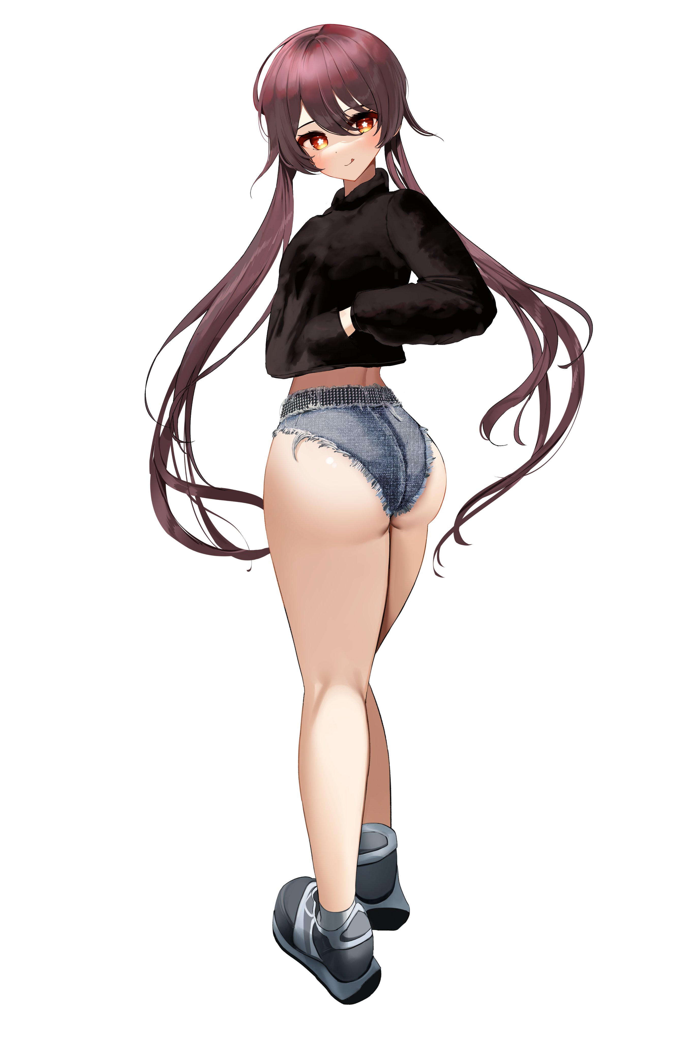 ass, ass focus, ass shot, bare legs, big ass, booty shorts, brown hair, clothed, clothing, denim, denim shorts, female, genshin impact, hu tao (genshin impact), large ass, legs, nicorima, red eyes, shorts, sweater, thick thighs, twintails
