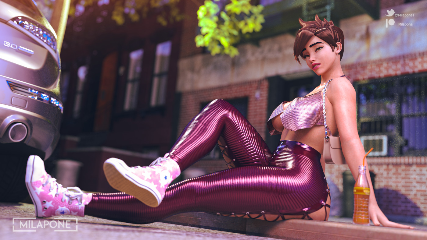 3d, alternate breast size, big breasts, blizzard entertainment, breasts, brown hair, converse shoes, female, female only, focus, milapone, overwatch, size difference, tracer