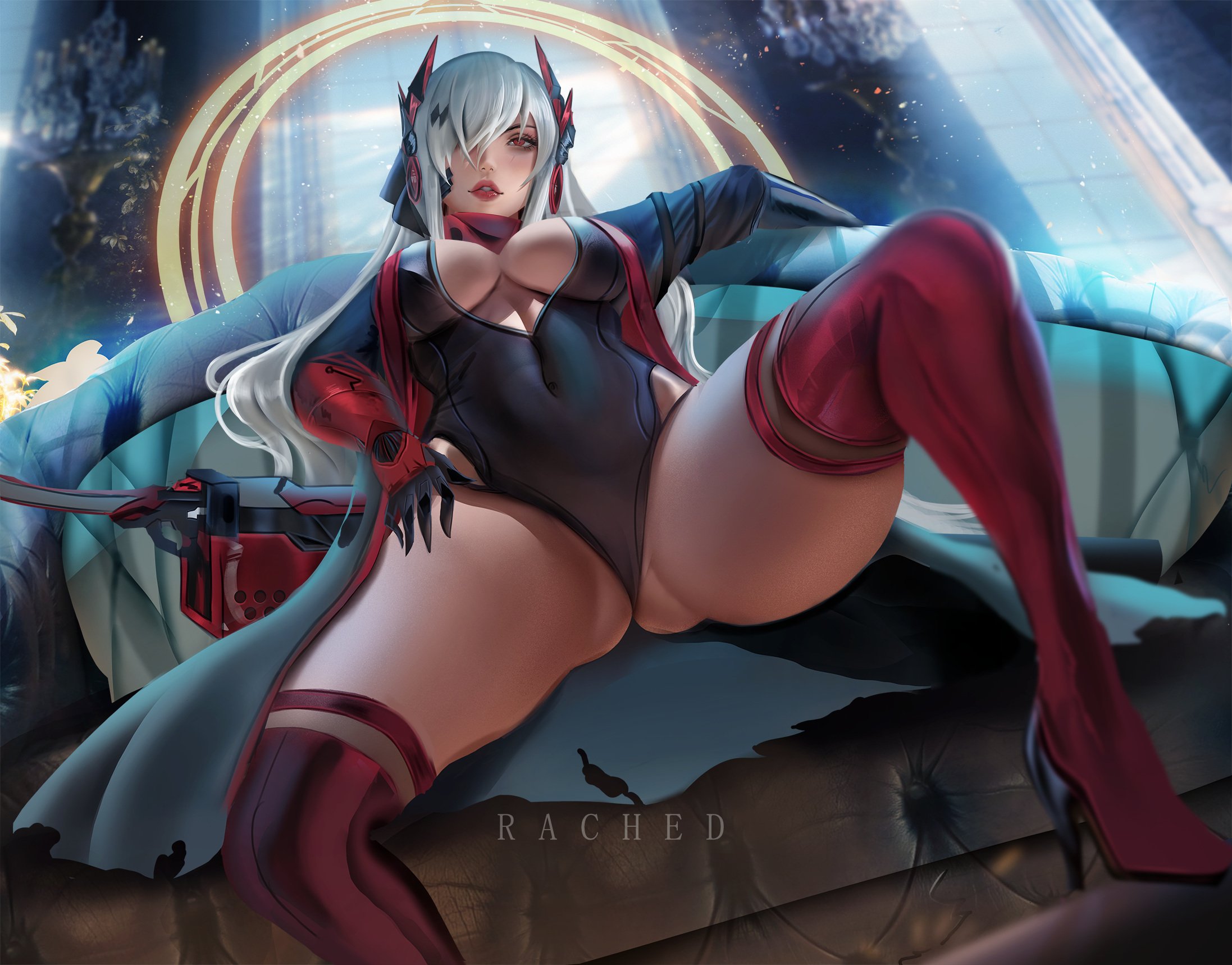 ass, bangs, breasts, female, female focus, female only, hair over one eye, headgear, headphones, lipstick, long hair, lucia (punishing: gray raven), lucia: crimson abyss (punishing: gray raven), makeup, medium breasts, one-piece swimsuit, punishing: gray raven, rached, red eyes, robot girl, sitting, solo, spread legs, spreading, thick thighs, thighhighs, white hair