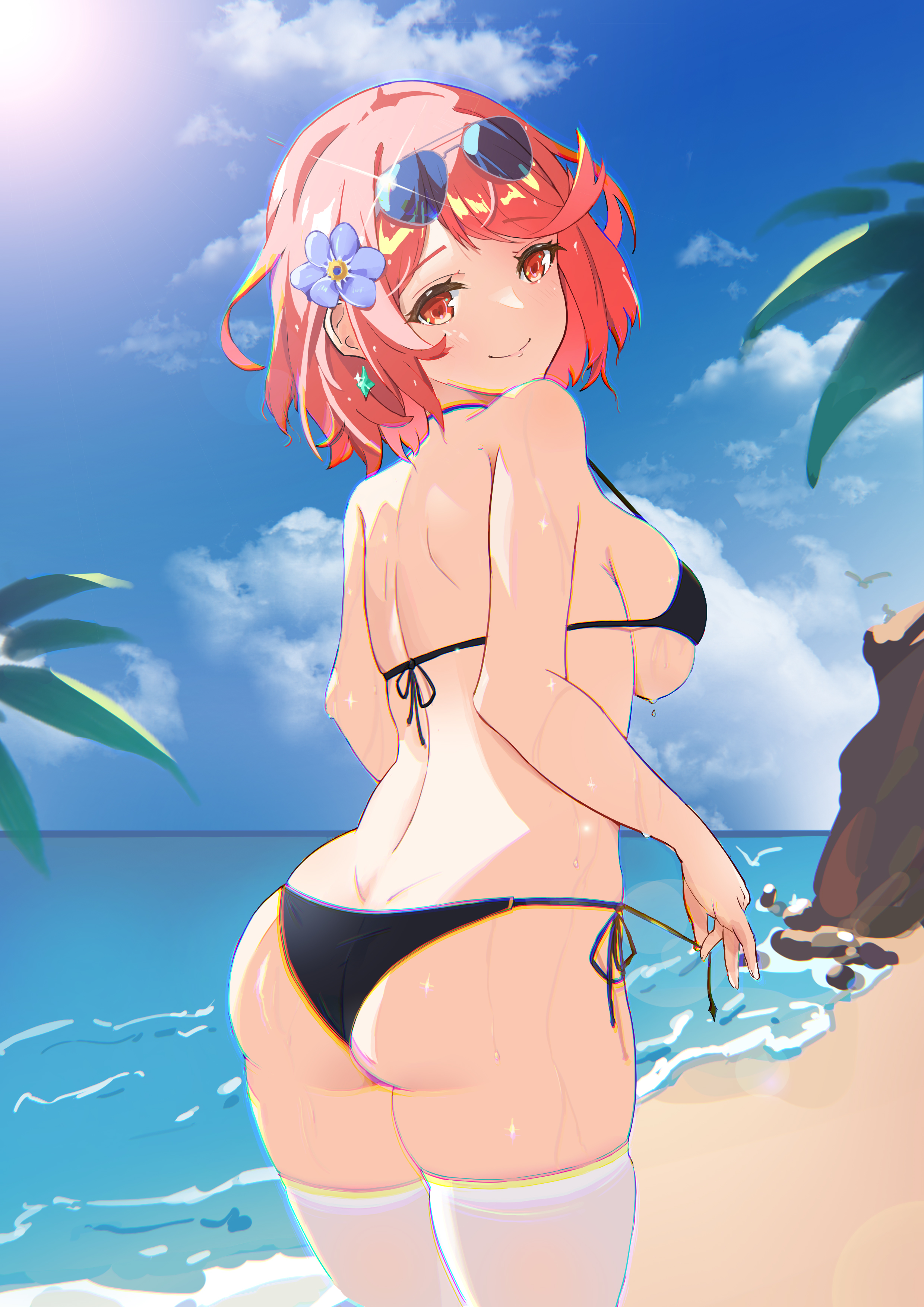 1girls, ass, beach, bikini, black bikini, breasts, female, flower in hair, large breasts, nintendo, outdoors, outside, pyra, red eyes, red hair, short hair, sideboob, smile, solo, sunglasses on head, thighhighs, water, xenoblade (series), xenoblade chronicles 2