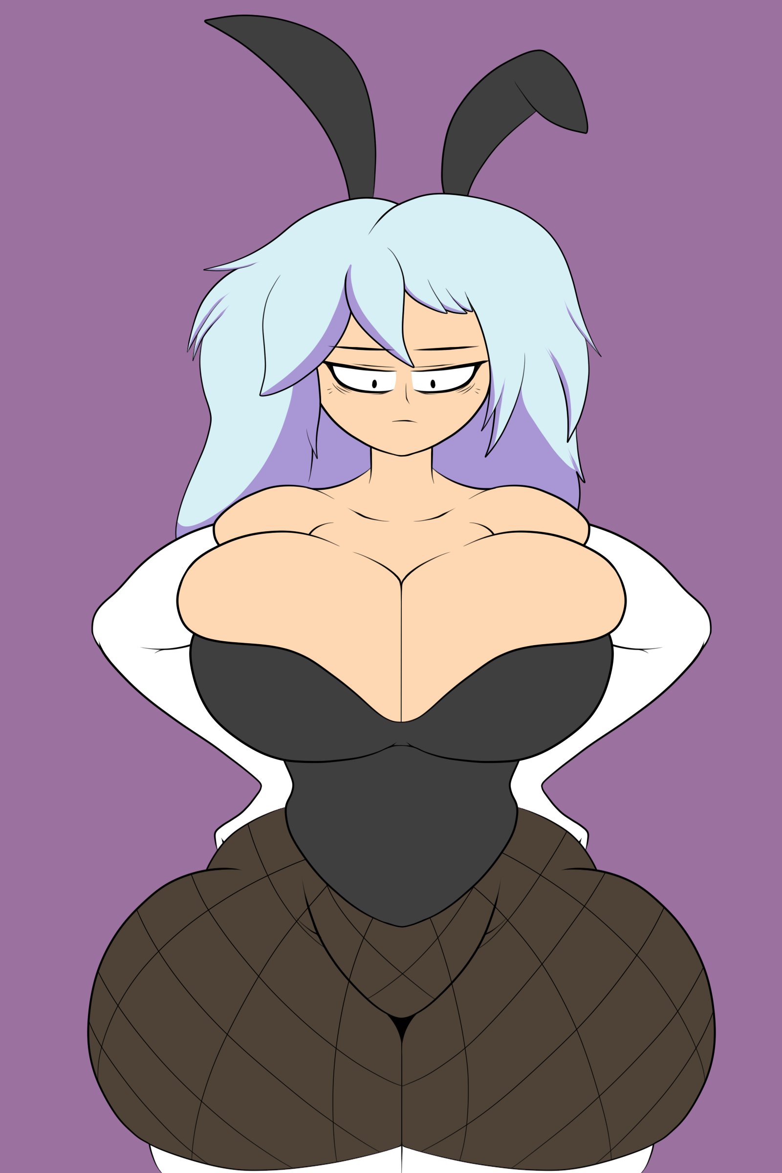 1girls, about to burst, ass, barely contained, barely contained breasts, barely fits, blue hair, breasts, breasts too big, bunny ears, bunny girl, bunnysuit, bursting breasts, cameltoe, child bearing hips, cleavage, clothed, clothing, curvy, emotionless, fat mons, female, female only, frown, gloves, hands on hips, hourglass figure, huge ass, huge breasts, imminent wardrobe malfunction, inconvenient boobs, large breasts, long gloves, long hair, looking at own breasts, looking at viewer, looking down, looking down at breasts, looking down at self, massive ass, mature, mature female, milf, mother, original, original character, overflowing breasts, pantyhose, plain background, playboy bunny, purple background, pussy, rubix (scarecorrode), scarecorrode, solo, solo female, thick thighs, thighhighs, tight clothes, tight clothing, tight fit, too tight, undersized clothes, undersized clothing, wide hips