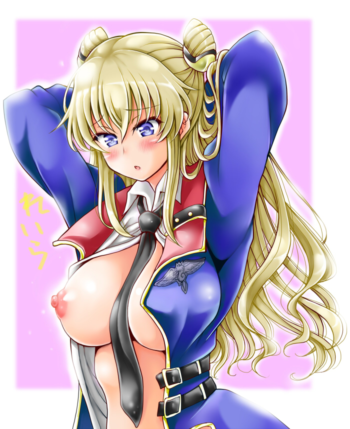 artist_request blonde_hair blue_eyes blush breasts cleavage code_geass female hair_bun hair_ornament leila_malcal long_hair medium_breasts military_uniform nipples no_bra purple_eyes solo twin_buns undressing uniform