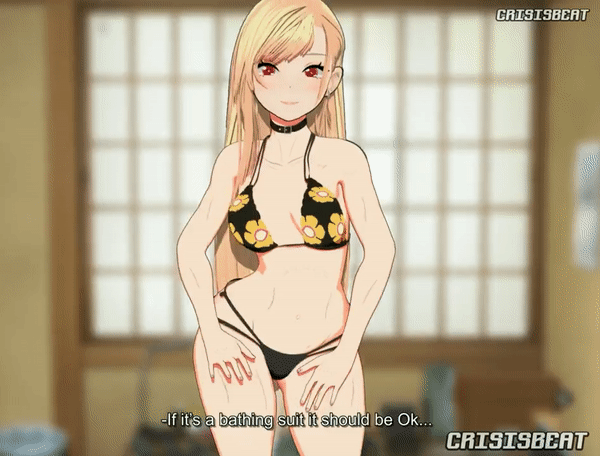 1girls, animated, bikini, blonde hair, crisisbeat, dance, english text, female, female only, gyaru, kitagawa marin, long hair, solo female, sono bisque doll wa koi wo suru, teenage girl, teenager, text