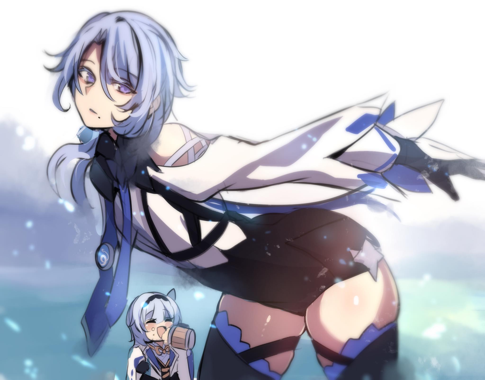 1boy, 1girls, beer, bent over, blue hair, cosplay, crossdressing, drinking, eula (genshin impact), female, femboy, genshin impact, hinghoi, kamisato ayato, leotard, male, male focus, mole, mole under eye, thick thighs, trap