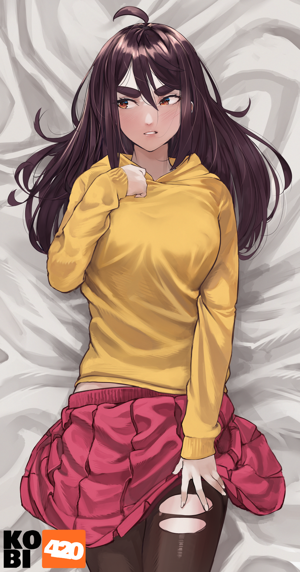 1girls ahoge black_legwear blush brown_hair dakimakura dakimakura_design female female_only hoodie kobi420 light-skinned_female light_brown_eyes light_skin looking_away maenchu_(character) medium_breasts red_skirt skirt thick_eyebrows thighhighs torn_legwear yellow_hoodie