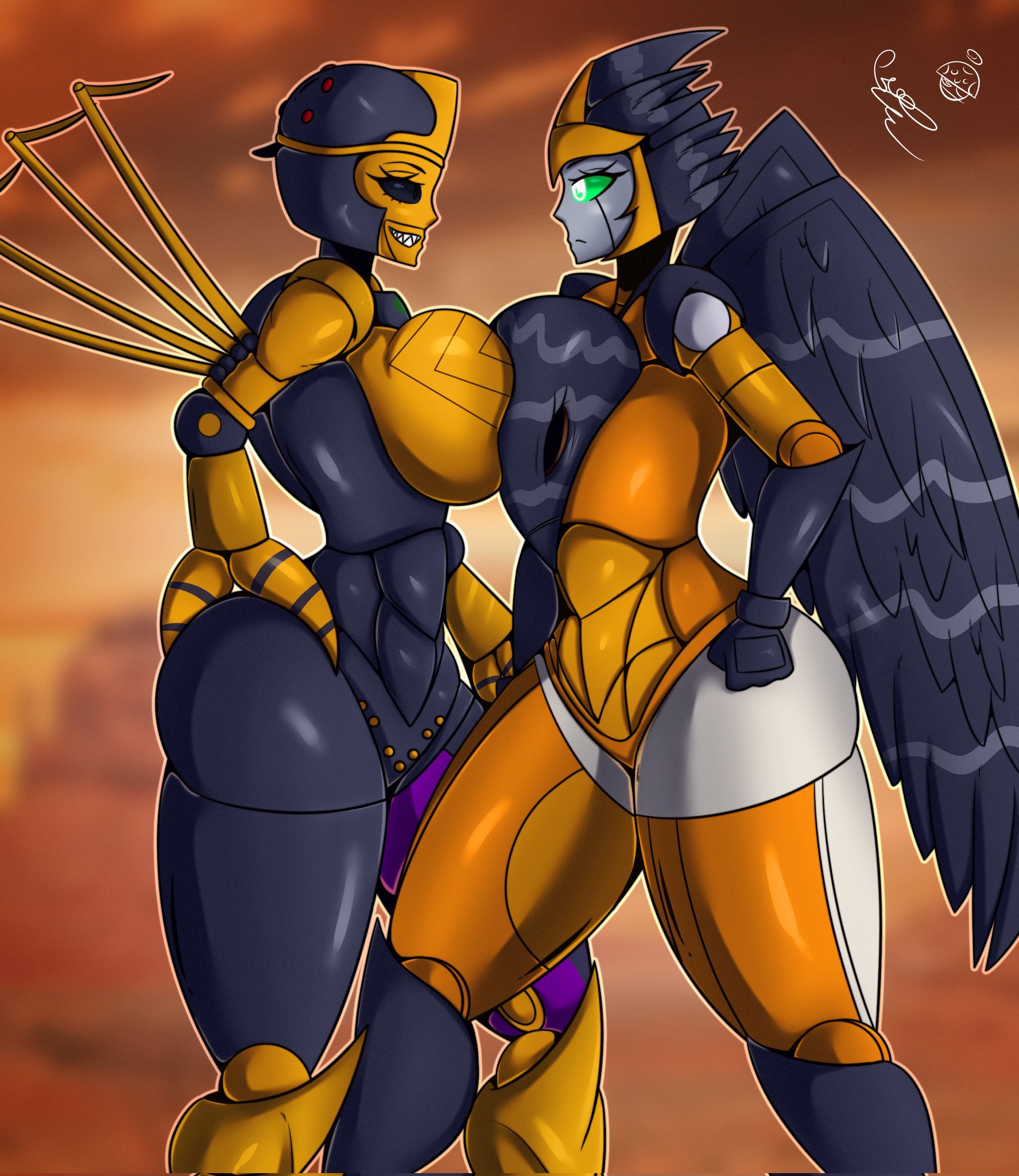 2girls, airazor, alien, alien girl, beast wars, big breasts, big thighs, black eyes, blackarachnia, breast press, breasts, busty, female, female only, green eyes, hand on hip, hand on own hip, humanoid, pressing breasts together, robot, robot girl, robot humanoid, side view, sideboob, standing, thick thighs, tr yithaz, transformers, wings
