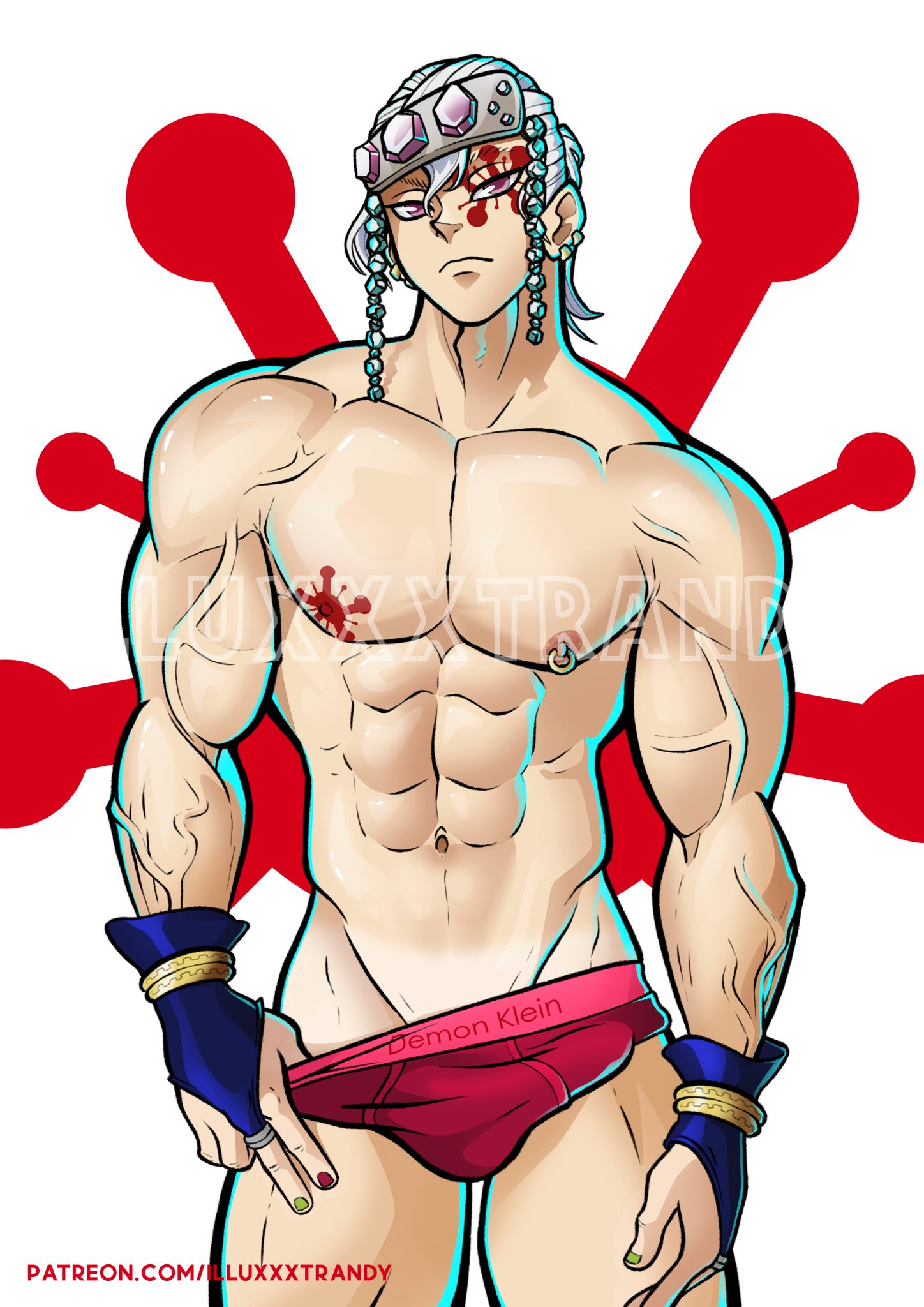 abs, bracelets, bulge, demon slayer, earrings, facial mark, fingerless gloves, gay, headgear, headwear, illuxxxtrandy, jewelry, kimetsu no yaiba, looking at viewer, male, male only, muscles, muscular, muscular male, nail polish, nipple piercing, nipples, piercing, ponytail, solo, solo male, tanline, tattoo, teasing, topless, underwear, underwear pull, uzui tengen, veiny muscles, white hair