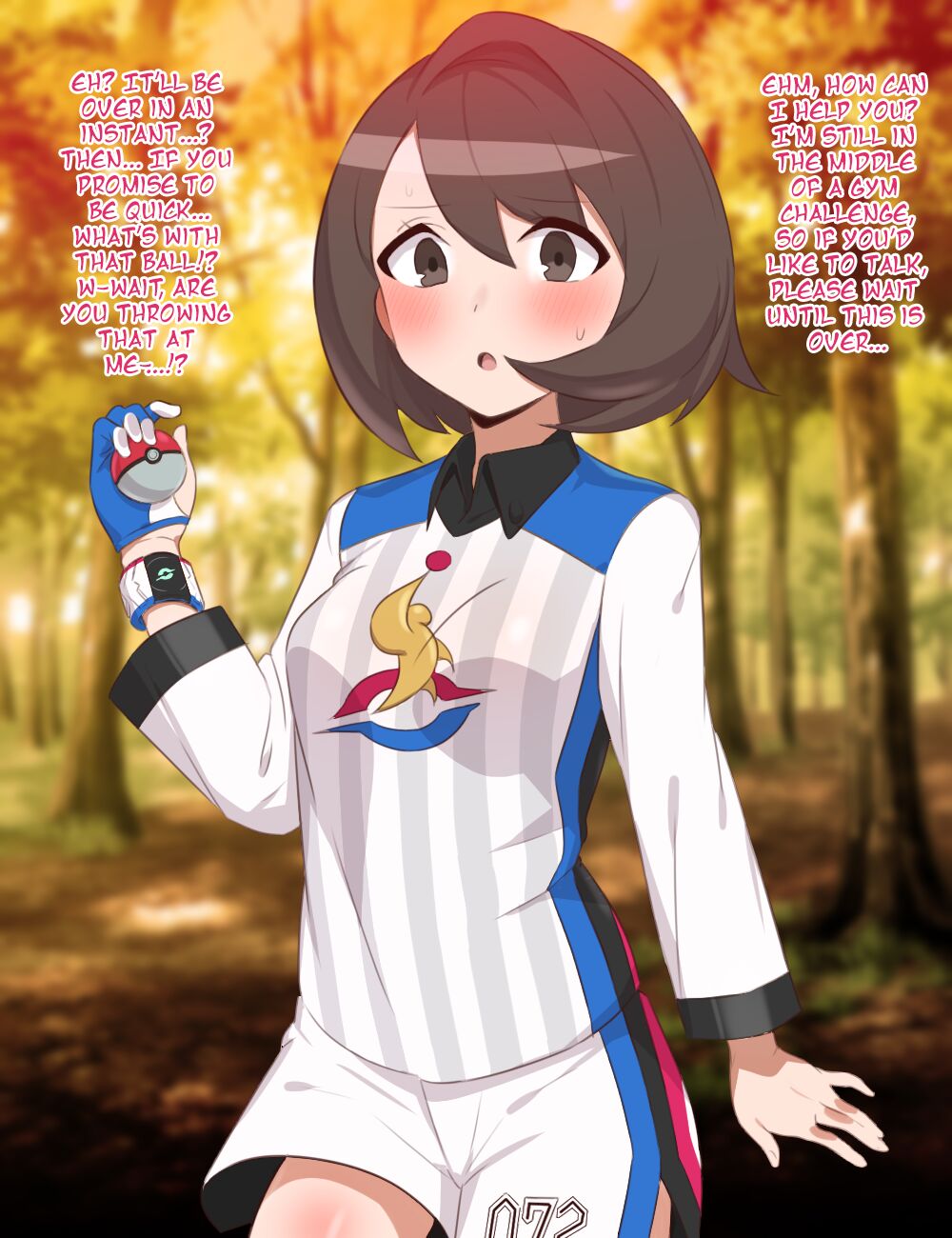 black eyes, breast expansion, breast growth, breast growth (enlargement), breasts, captured by pokeball, caught in pokeball, clothed, corruption, english text, female, ganbari mascarpone, gloria (pokemon), mind control, nintendo, pokeball, pokemon, pokemon ss, short hair, text, transformation