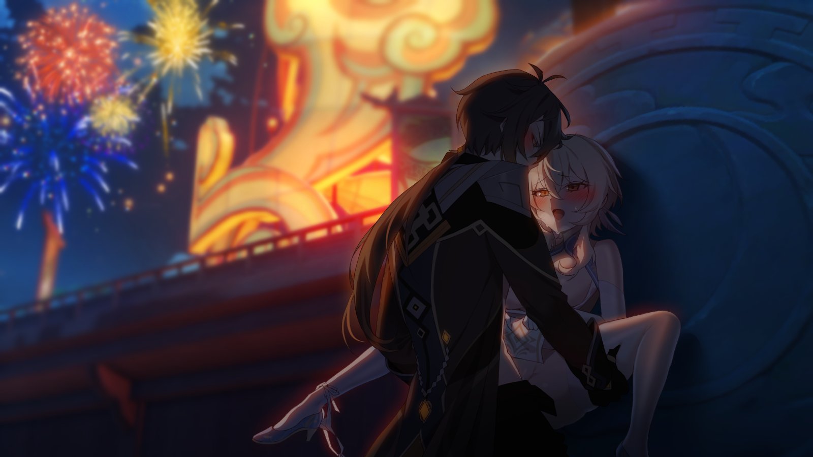 anime style, female, genshin impact, ia (ias1010), lumine (genshin impact), tagme, zhongli (genshin impact)