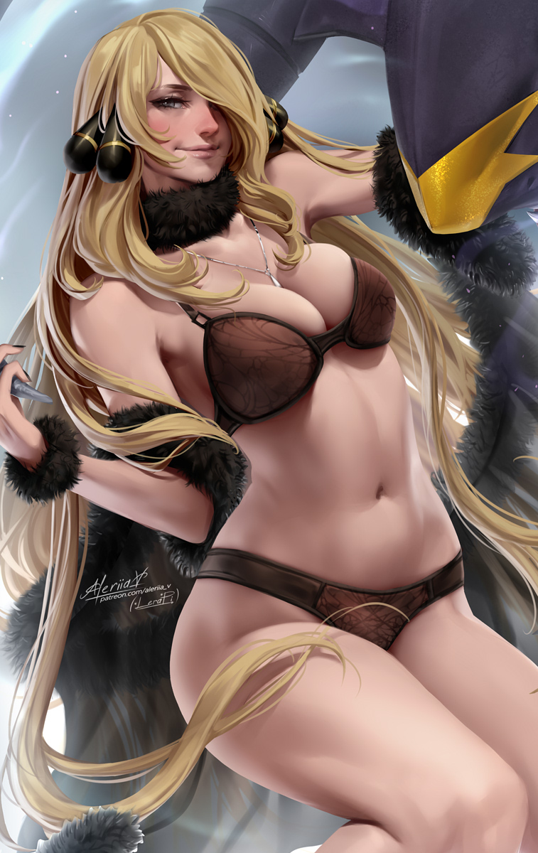 1girls, aleriia v, blonde female, blush, bra, breasts, cleavage, cynthia (pokemon), female, female only, lerapi, lingerie, nintendo, panties, pokemon, pokemon dppt, solo