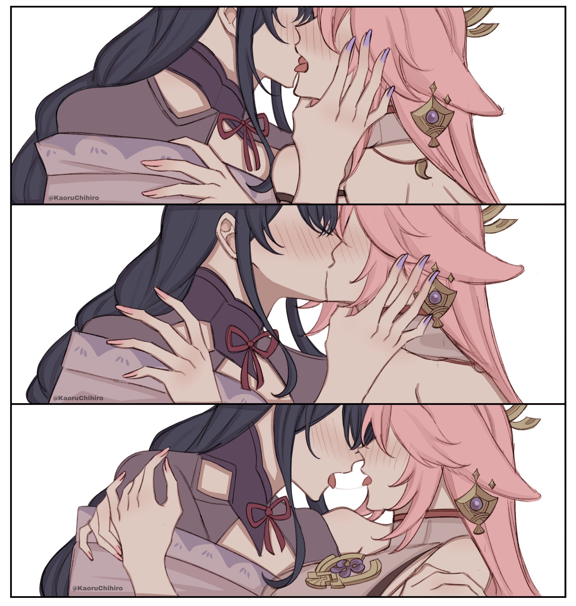 2girls, blush, blush lines, blushing, chihiro (chrnt), female, female only, french kiss, fully clothed, genshin impact, kiss, kissing, lesbian, passionate, raiden shogun, saliva, tongue, wholesome, yae miko, yuri