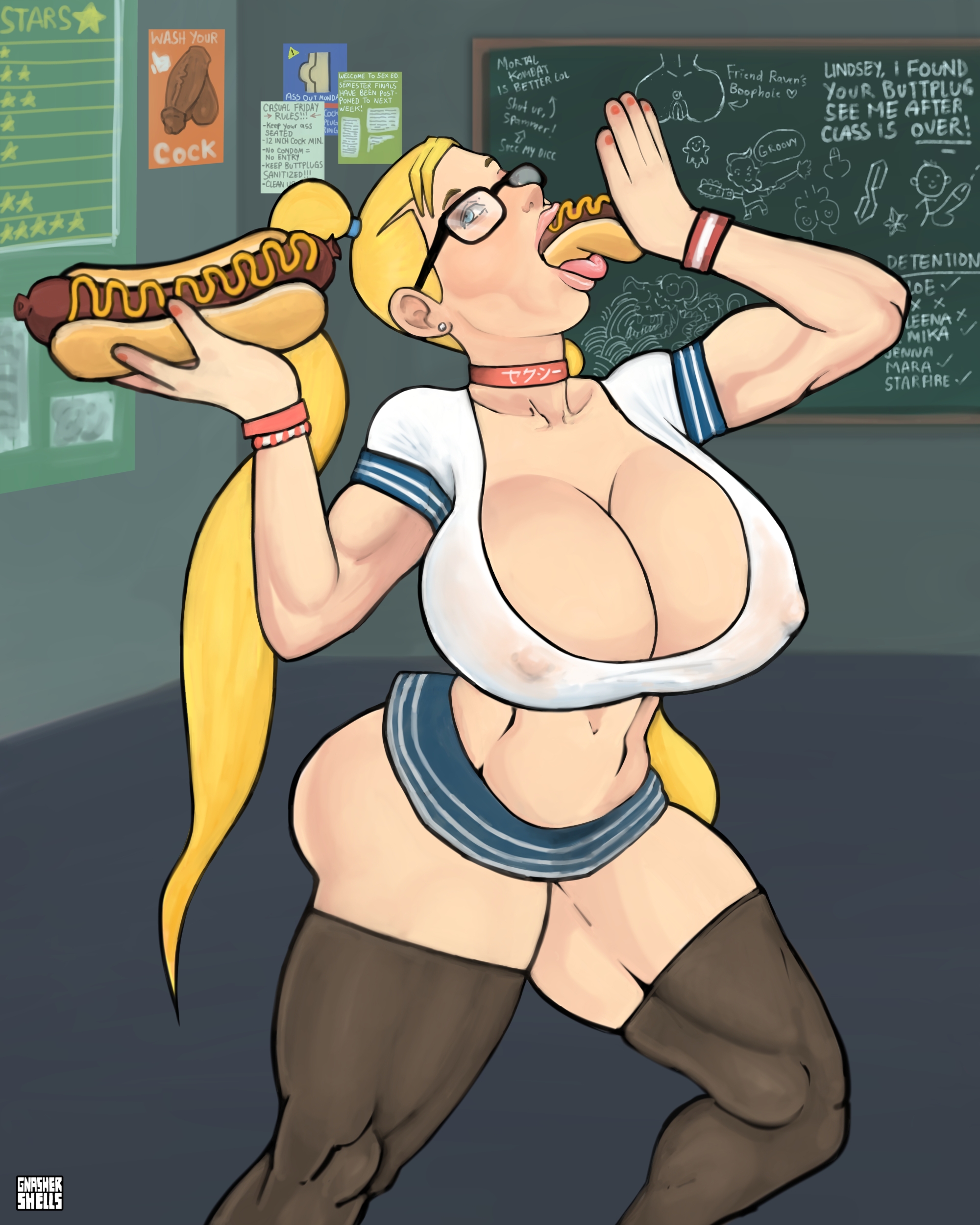 1girls, blonde hair, blue eyes, breasts, busty, capcom, classroom, deepthroat, female, female only, food, glasses, gnashershells, hot dog, japanese, long hair, muscular, muscular female, pigtails, rainbow mika, school uniform, skirt, solo, street fighter, thick thighs, twintails
