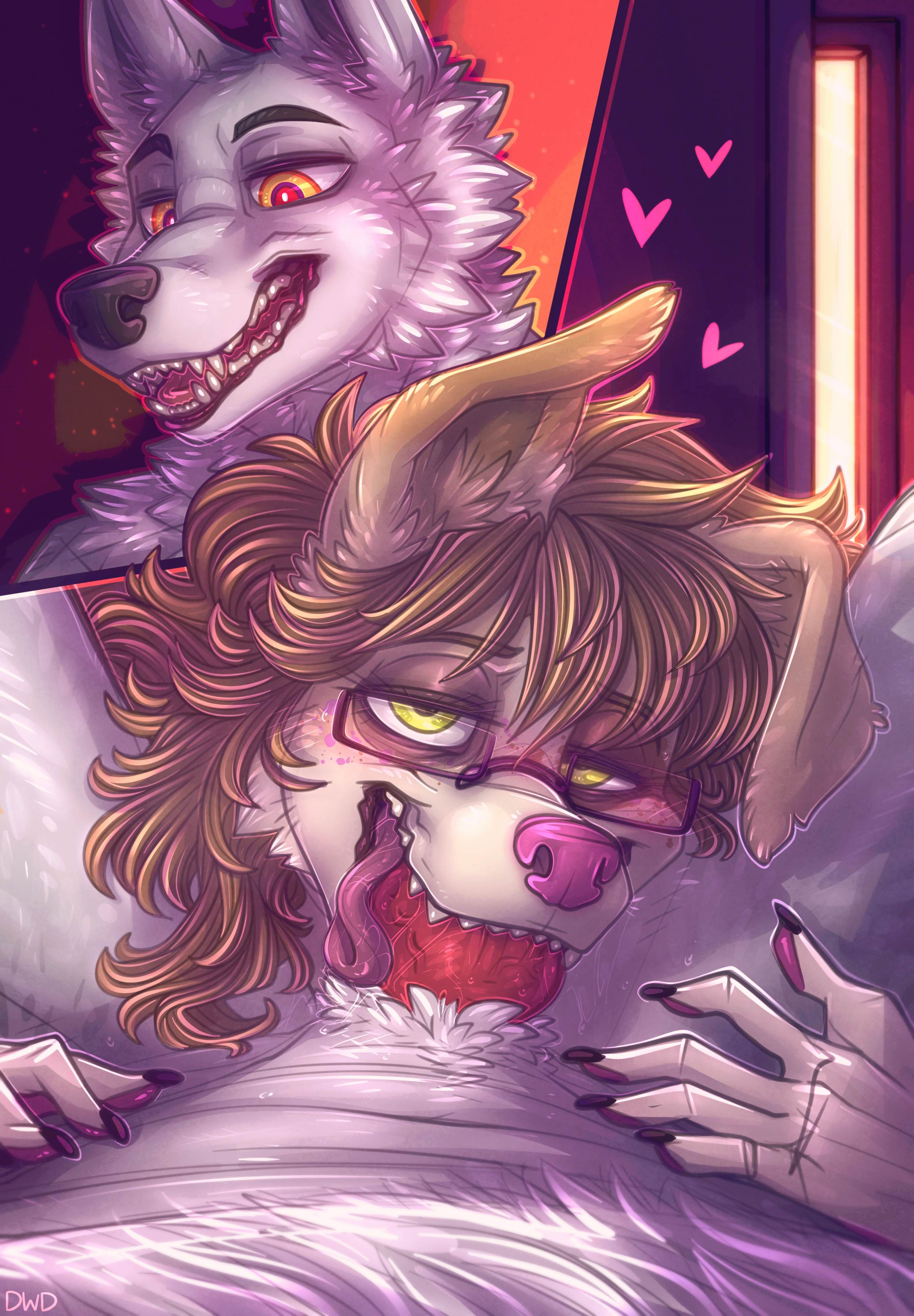 absurd res, animal genitalia, animal penis, anthro, black nose, blowjob, brown hair, canid, canine, canine penis, canis, dimmi (character), dimwitdog, domestic dog, eyewear, fellatio, fellatio pov, female, floppy ears, fur, genitals, glasses, hair, hi res, knot, looking at viewer, male, male/female, mammal, oral, oral penetration, original, penetration, penile, penis, penis in mouth, pink nose, sex, sharp teeth, teeth, tongue, tongue out, tongue out blowjob, white body, white fur, wolf, yellow eyes