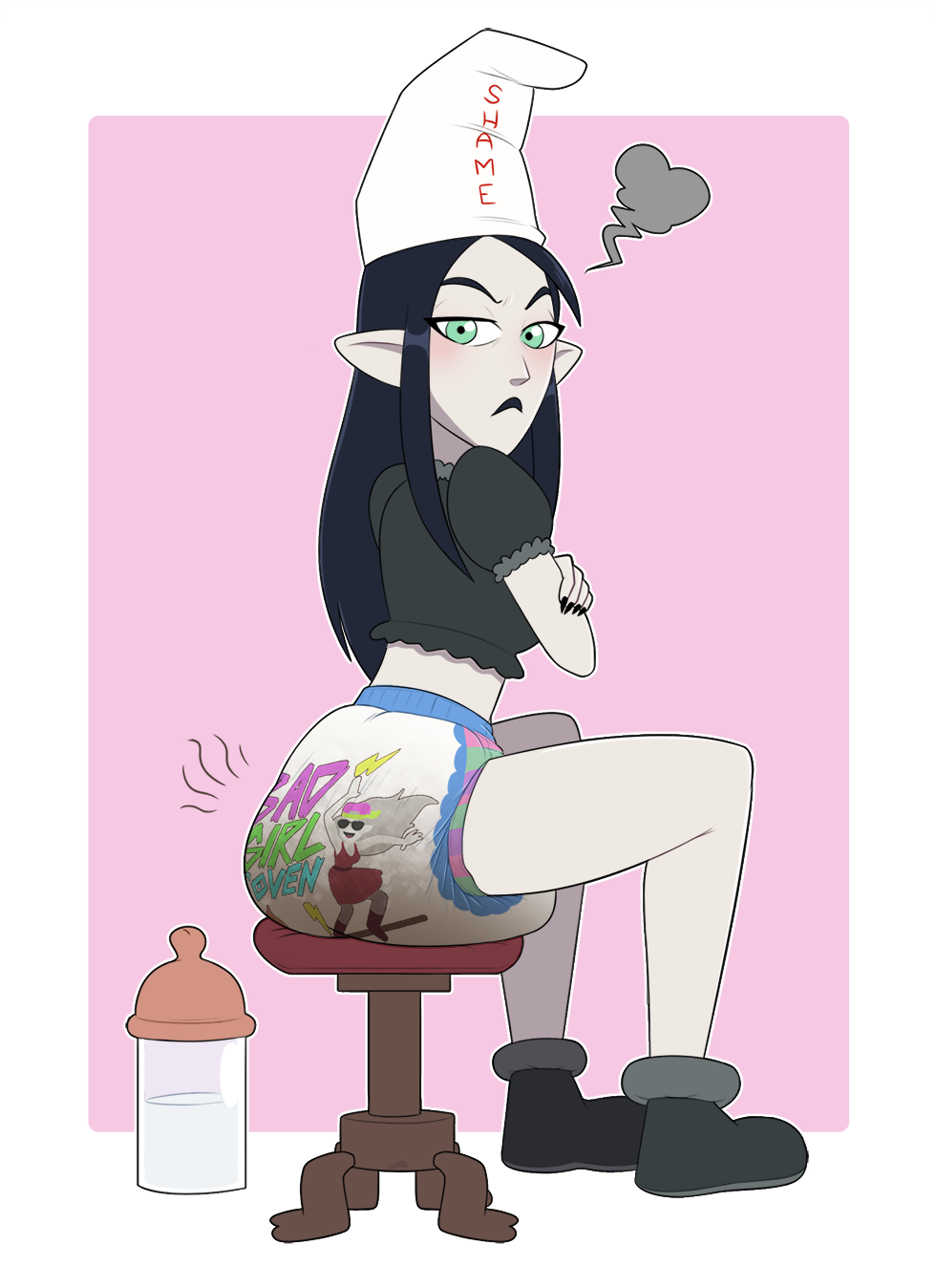 1girls annoyed baby_bottle blue_hair blush diaper dunce_cap dunce_hat green_eyes humiliation implied_spanking infantilism lilith_clawthorne looking_back looking_back_at_viewer messy_diaper older_female pale_skin pieceofsoap scat sitting sitting_on_stool solo_female the_owl_house unhappy unhappy_female used_diaper witch