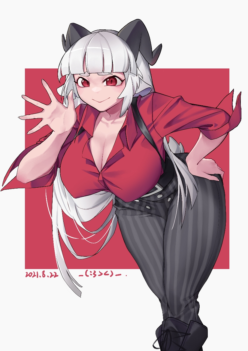 baphomet_(grizz) blunt_bangs cleavage demon_girl fan_character goat_girl helltaker large_breasts pinstripe_pattern red_eyes red_shirt smile white_hair