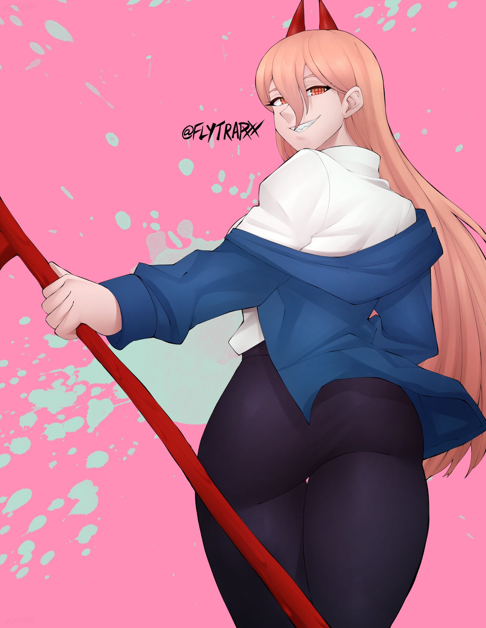 1girls, ass, chainsaw man, female, female only, flytrapxx, fully clothed, horns, light skin, light-skinned female, looking at viewer, looking back, power (chainsaw man), sharp teeth, signature, smug face, solo, strawberry blonde hair, thick thighs
