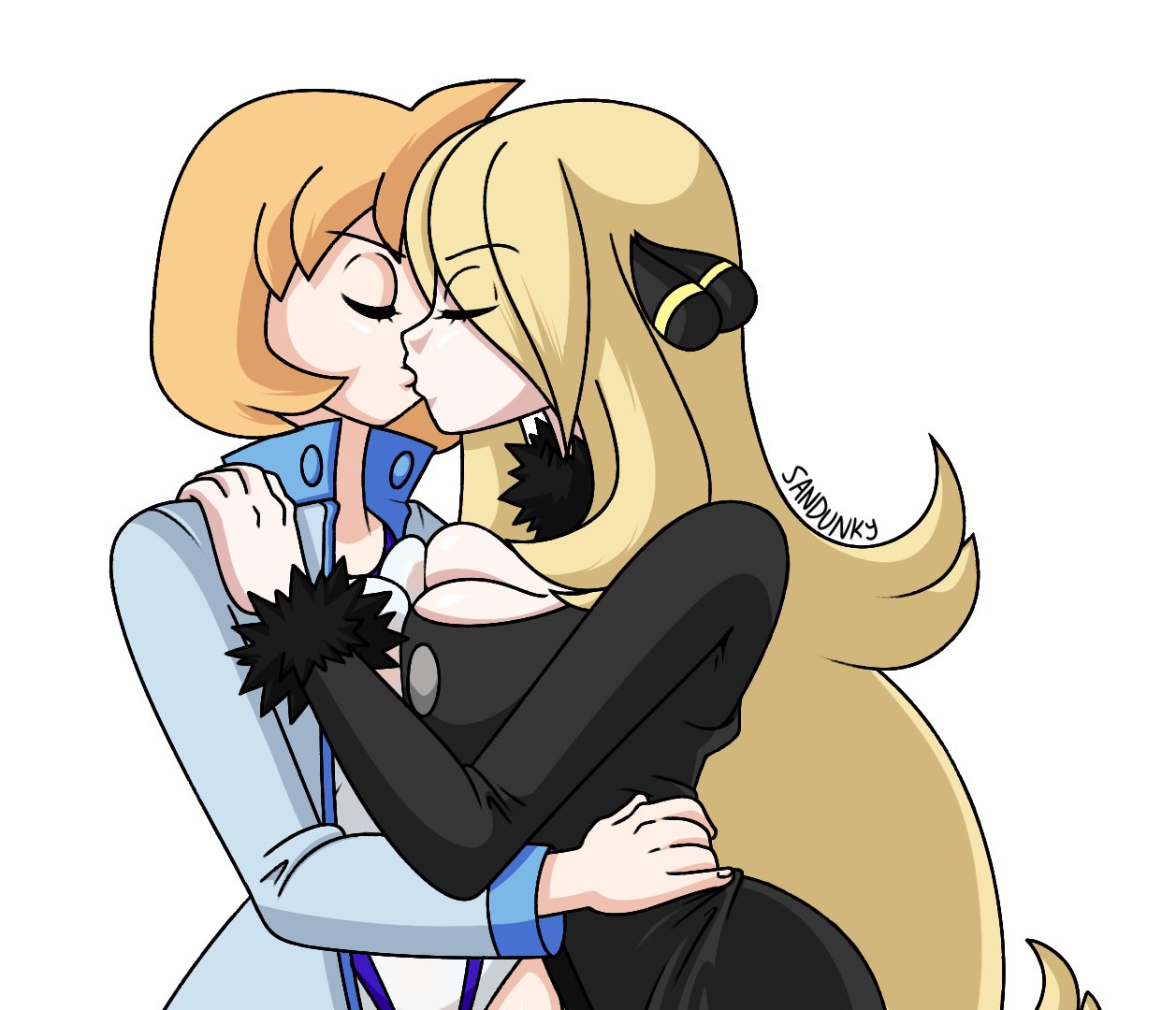 2girls blonde_hair breasts breasts_to_breasts closed_eyes clothed clothing cynthia_(pokemon) female female_only fully_clothed human human_only jacket kasumi_(pokemon) kissing misty_(pokemon_hgss) one_eye_closed orange_hair pokemon pokemon_dppt pokemon_hgss sandunky swimsuit white_background yuri