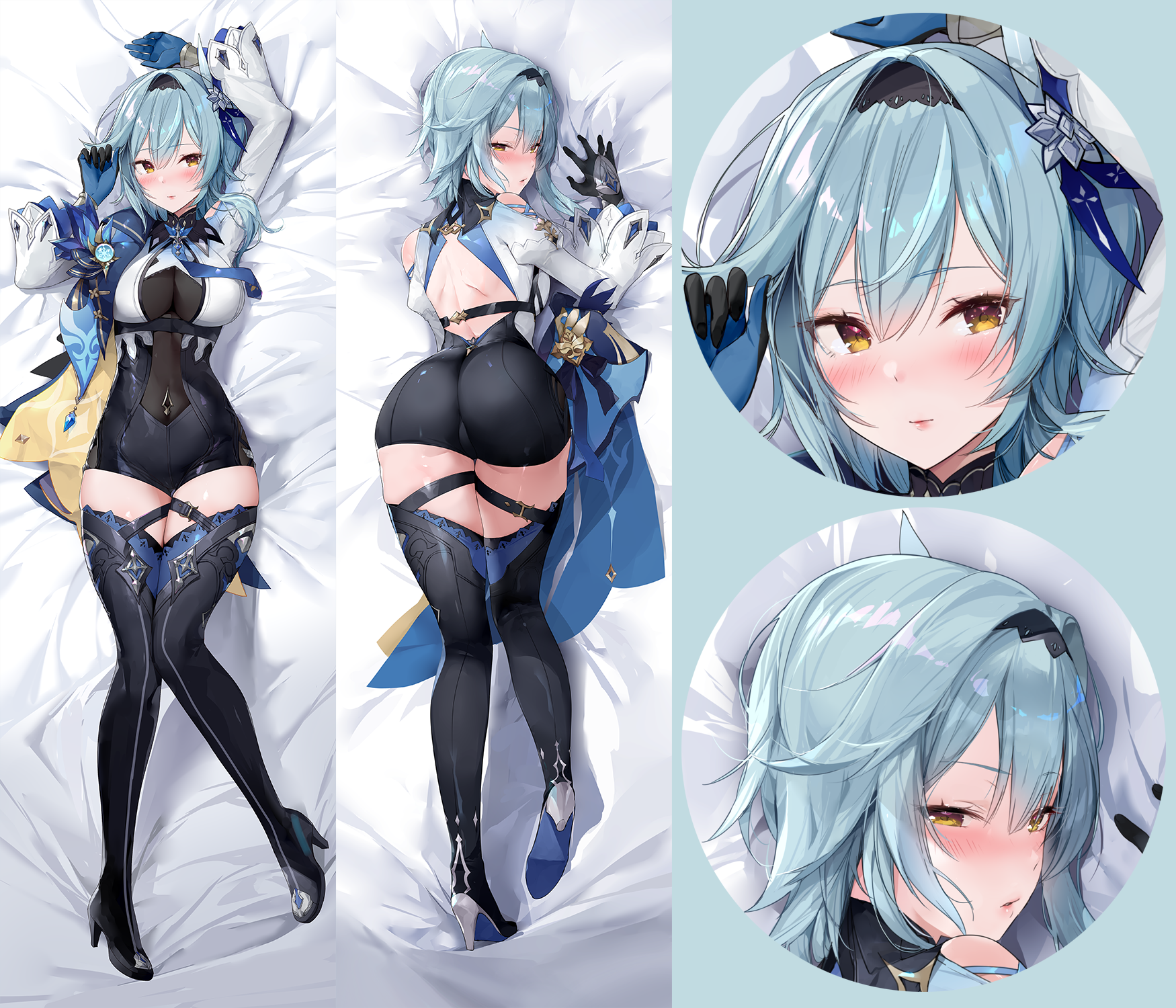 blue hair, daefny, dakimakura, dakimakura design, eula (genshin impact), female, genshin impact, lying, lying on bed