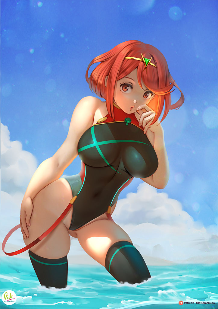 1girls, alternate costume, breasts, didi esmeralda, female, nintendo, outdoors, outside, pyra, swimsuit, xenoblade (series), xenoblade chronicles 2