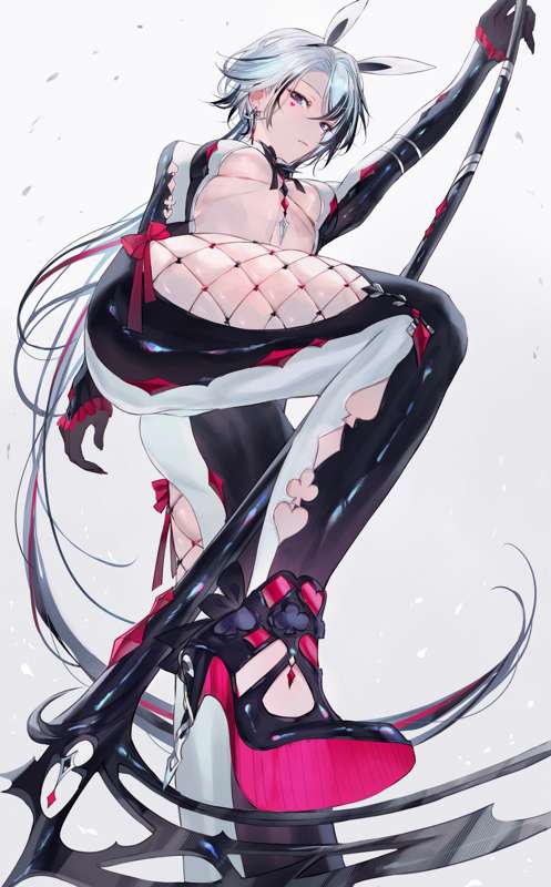 1girls, ai generated, arlecchino (genshin impact), bunny ears, bunny girl, female only, genshin impact, high heels, highres, qiandaiyiyu, scythe, tagme