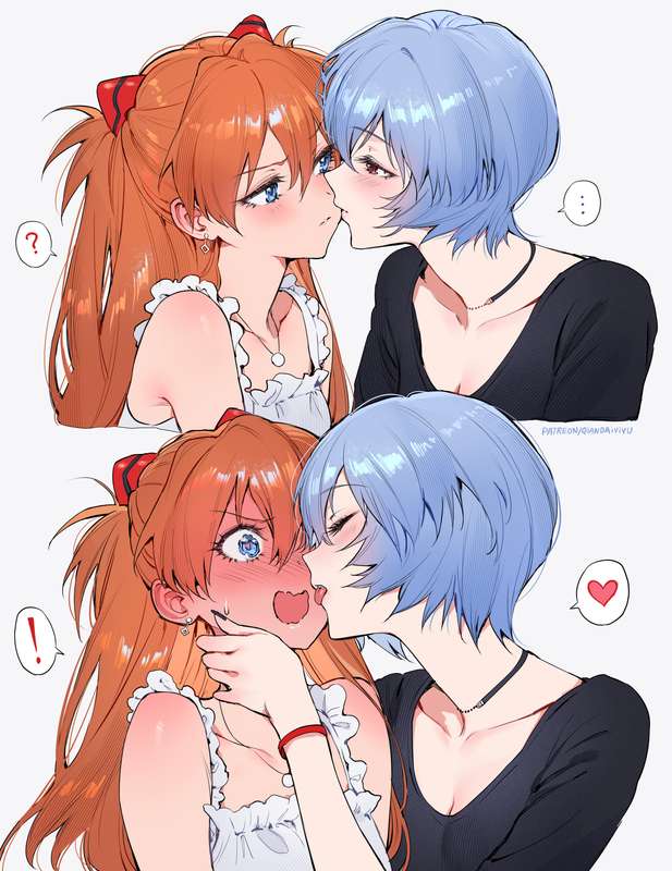 2girls, alternate costume, asuka langley sohryu, blue hair, blue-haired female, blush, female, female only, female/female, heart, highres, kissing, lesbian, lesbian kiss, multiple girls, neon genesis evangelion, orange hair, orange-haired female, qiandaiyiyu, rei ayanami, short hair, short-haired female, tagme, teenage girl, teenager, wholesome, yuri