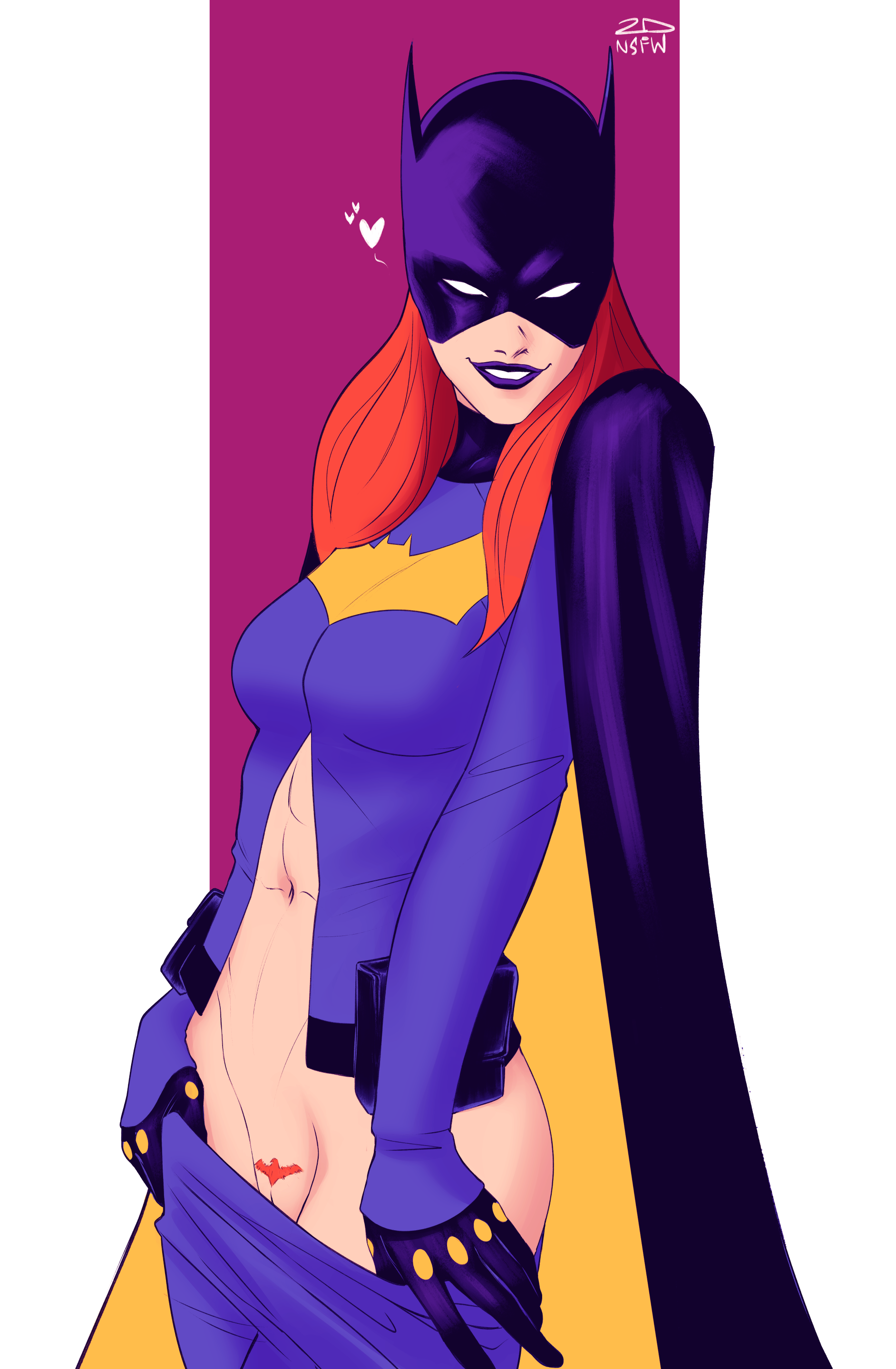 1girls, 2dnsfw, 2dswirl, barbara gordon, batgirl, batgirl (barbara gordon), batman (series), cape, dc, dc comics, mask, pants down, pubic hair, red hair, smile, solo, superhero, superhero costume, superheroine