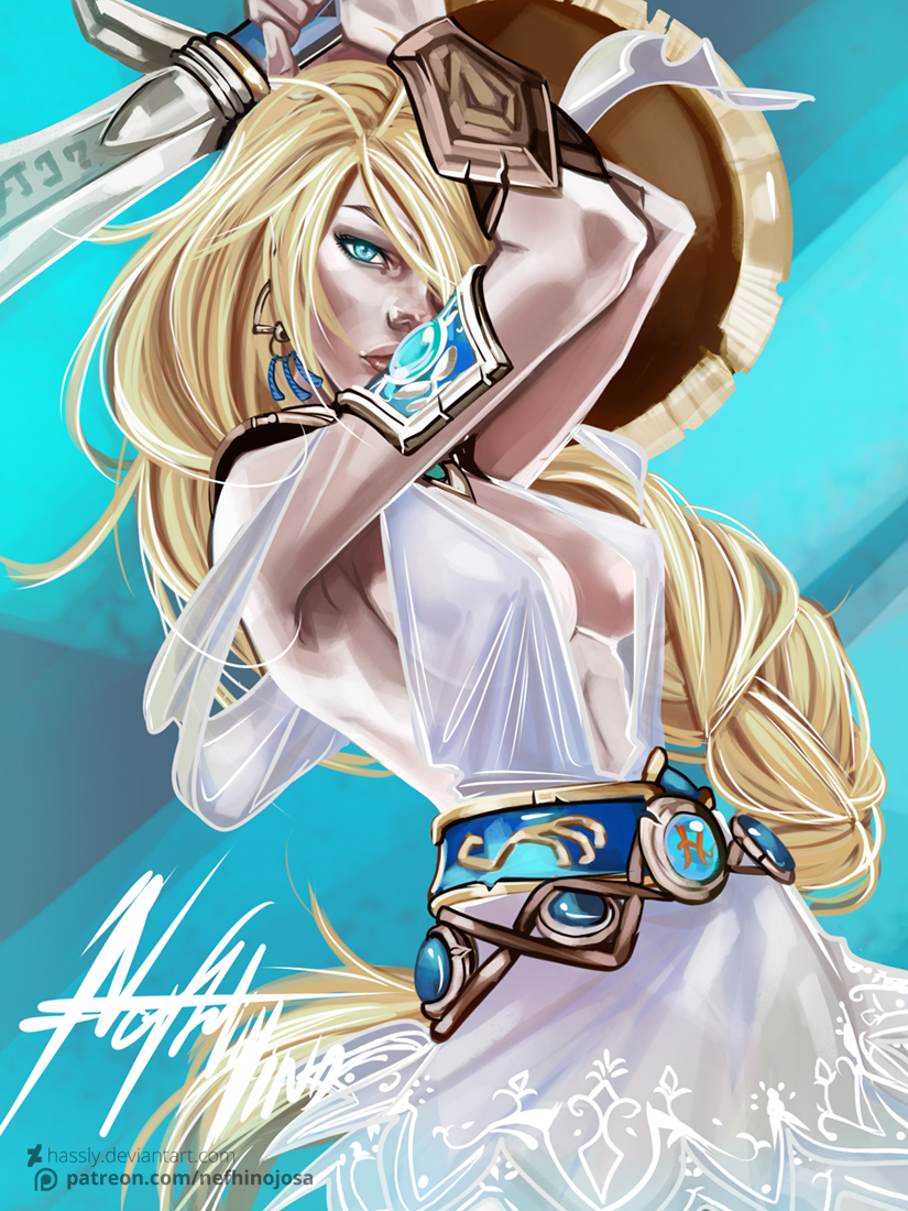 1girls areolae artist_name big_breasts blonde_hair blue_eyes breasts hair_over_one_eye hassly long_hair looking_at_viewer milf namco patreon_username sophitia_alexandra soul_calibur sword transparent_clothing