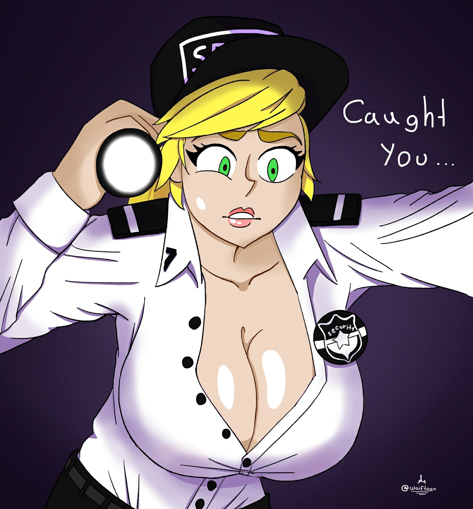 ..., about to have sex, barely contained, barely contained breasts, barely fits, big breasts, blonde, blonde female, blonde hair, blonde hair female, blonde-haired female, braless, breasts, button down shirt, button gap, buttons, caught, clavicle, cleavage, collarbone, dialogue, edit, edited, female, five nights at freddy's, five nights at freddy's: security breach, flashlight, frilly bra, glistening, glistening body, glistening breasts, glistening genitalia, green eyes, gregory (fnaf), half-closed eye, hanging breasts, huge breasts, imminent wardrobe malfunction, large breasts, light skin, light-skinned female, lipstick, low neckline, no bra, no bra under clothes, off screen character, pink lipstick, purple bra, security, security guard, see through clothing, see-through, see-through clothes, see-through clothing, see-through shirt, see-through top, shiny breasts, shiny skin, solo, spelling error, sweaty, sweaty breasts, tagme, tight clothes, tight clothing, tight fit, tight shirt, twitching eye, unbuttoned, unbuttoned shirt, undersized clothes, undersized clothing, uniform, vanessa (fnaf), waiftoon, white skin, white woman, young, young adult, young adult female, young adult woman, young woman, younger male