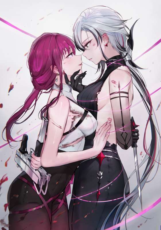 2girls, arlecchino (genshin impact), female only, genshin impact, highres, honkai: star rail, kafka (honkai: star rail), lesbian focus, lipstick mark, qiandaiyiyu, tagme, yuri