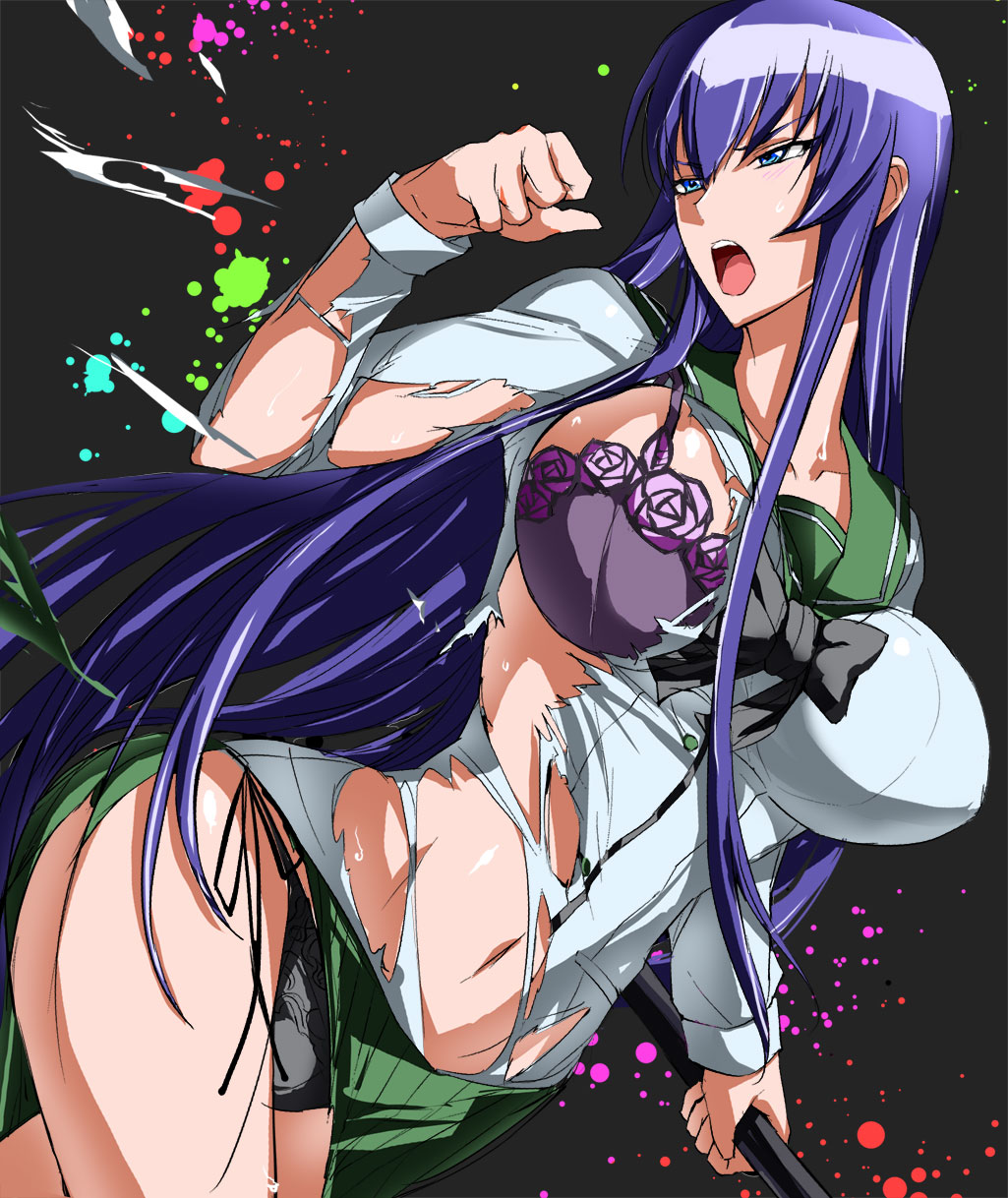 1girls arm_up black_panties blue_eyes blush bow bra breasts dutch_angle female fura highres highschool_of_the_dead hotd large_breasts lingerie long_hair looking_back midriff open_mouth panties pleated_skirt purple_hair ribbon saeko_busujima school_uniform side-tie_panties skirt solo standing surprised sweat thighs torn_clothes underwear very_long_hair