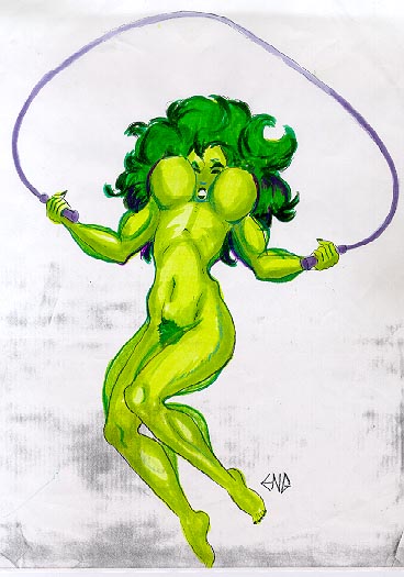 1girls artist_request becdecorbin female female_only green_eyes green_skin jump_rope marvel she-hulk solo straight_hair tagme