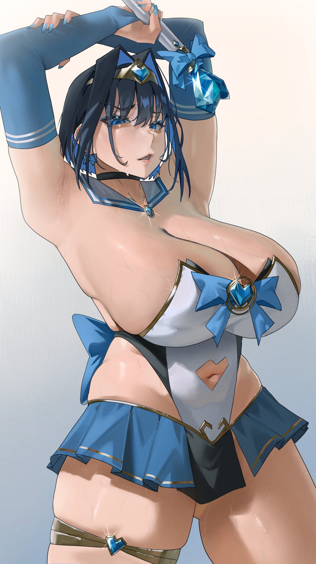 1girls, alternate costume, alternate outfit, archinoer, ass, beautiful woman, breasts, cleavage, female, female focus, female only, hololive, hololive english, large breasts, light skin, light-skinned female, looking at viewer, magical girl outfit, mature woman, ouro kronii, solo, thick thighs, thighs, virtual youtuber, voluptuous woman, wide hips