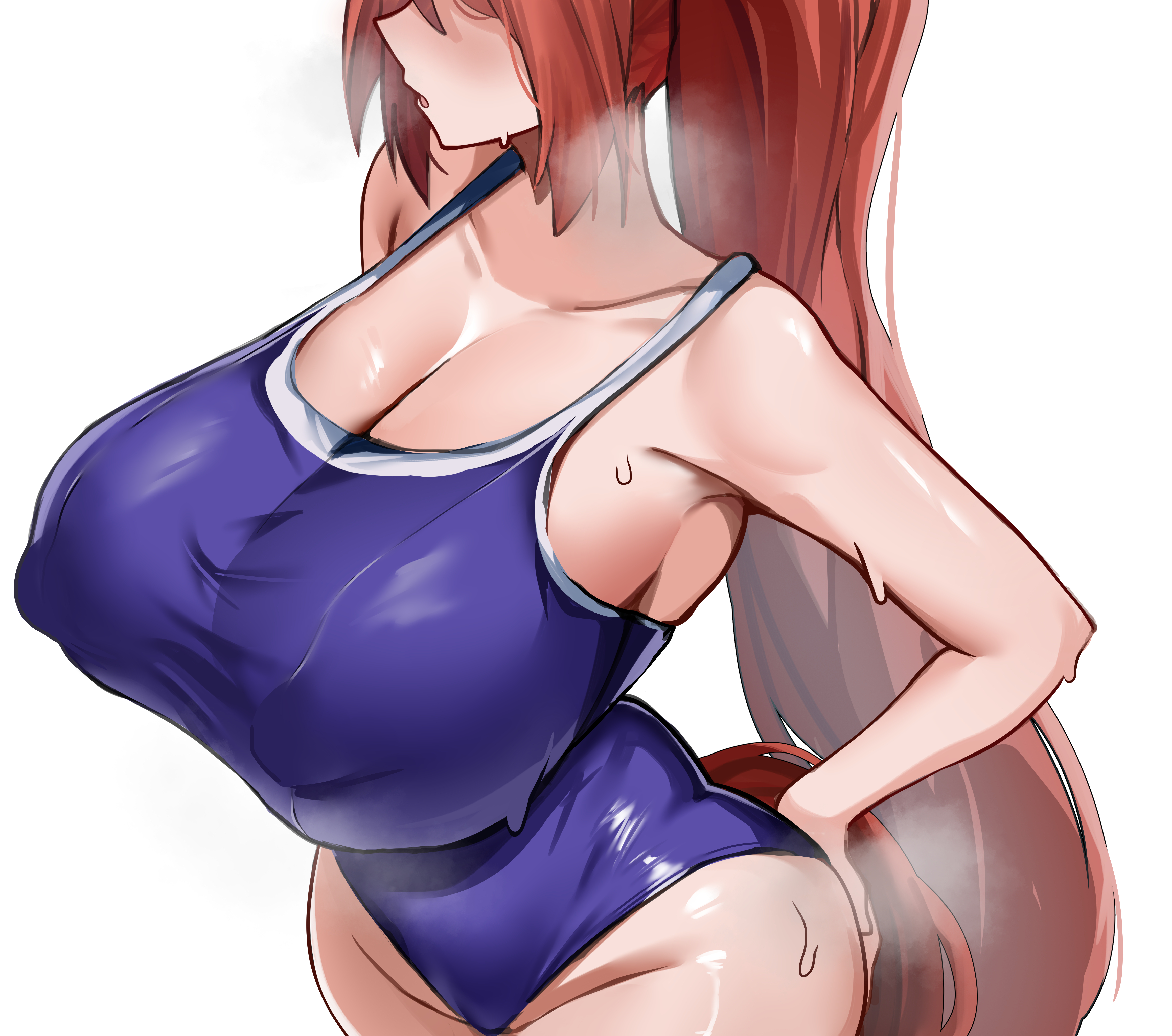1girl, absurdres, blue one-piece swimsuit, blush, brown hair, cleavage, collarbone, covered nipples, daiwa scarlet (umamusume), eyes out of frame, hand on ass, highres, horse girl, horse tail, huge breasts, long hair, one-piece swimsuit, rumina runa, school swimsuit, solo, sweat, sweating, swimsuit, umamusume, umamusume pretty derby, very long hair