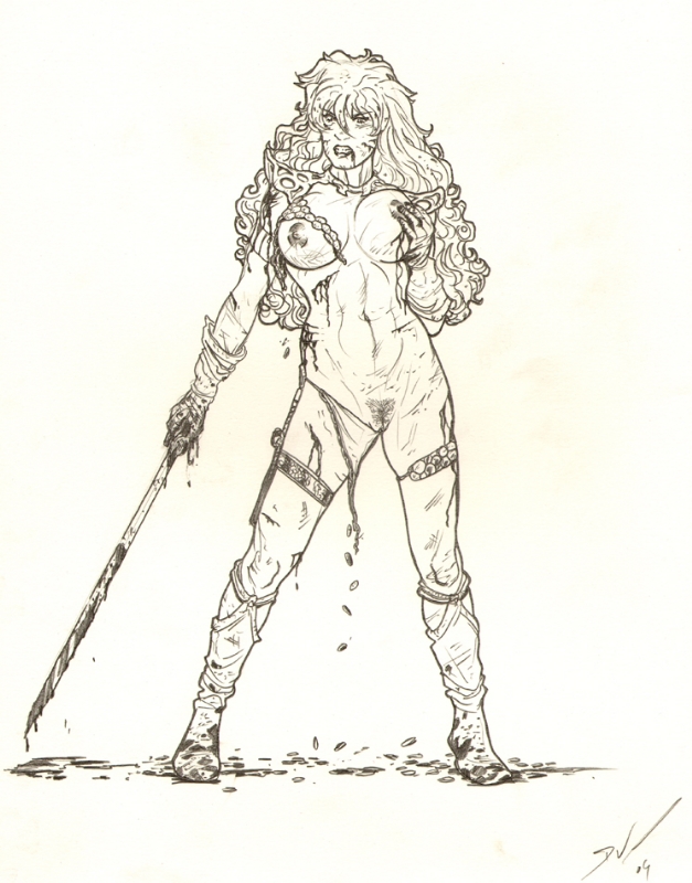 1girls 2009 angry armor big_breasts bleeding blood boots breasts brutalized chainmail_bikini cuts female female_only frelncer front_view full_body gloves gritted_teeth hand_on_breast holding_object holding_weapon human long_hair marvel marvel_comics monochrome mostly_nude pubic_hair pussy red_sonja red_sonja_(comics) simple_background solo standing straight_hair sword torn_clothing wavy_hair weapon white_background wound wounded