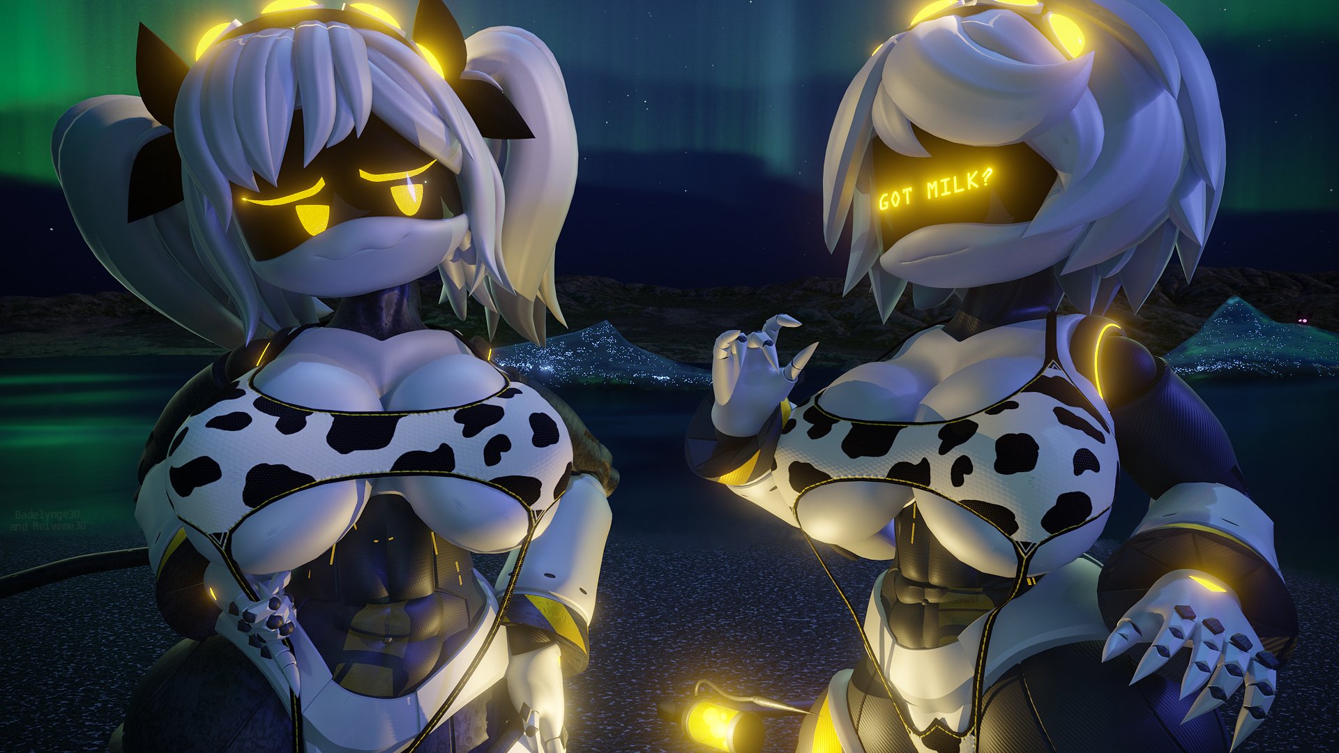 2girls, 3d, 3d (artwork), 3d model, ass, big ass, big breasts, big thighs, bikini, boobs, breasts, cow print, dialogue, drone, female, female focus, female only, glitch productions, huge ass, huge breasts, huge thighs, inside, j (murder drones), long hair, looking at viewer, murder drones, pussy, reivene3d, robot, robot girl, screen face, short hair, silver hair, text, thick thighs, thighs, tits, twintails, unity (engine), v (murder drones), vrchat, vrchat avatar, vrchat model, white eyes