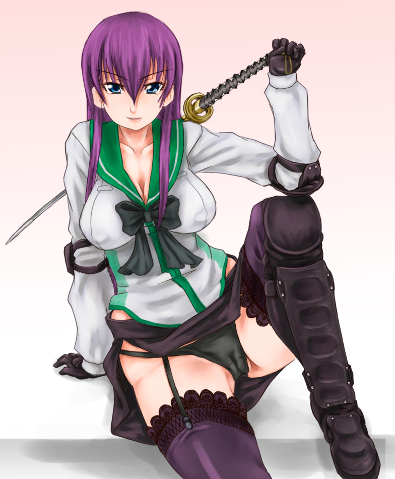 blue_eyes boots breasts cleavage female garter_belt garter_straps highschool_of_the_dead katana large_breasts long_hair looking_at_viewer panties purple_hair saeko_busujima scharfschutze school_uniform sharufushuttse skirt sword thighhighs underwear upskirt weapon