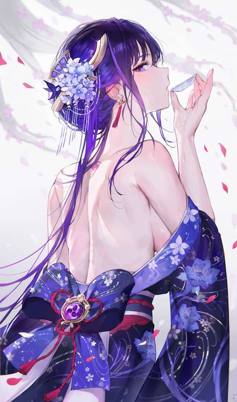 1girls, back, back view, female only, genshin impact, highres, purple hair, qiandaiyiyu, raiden shogun, tagme