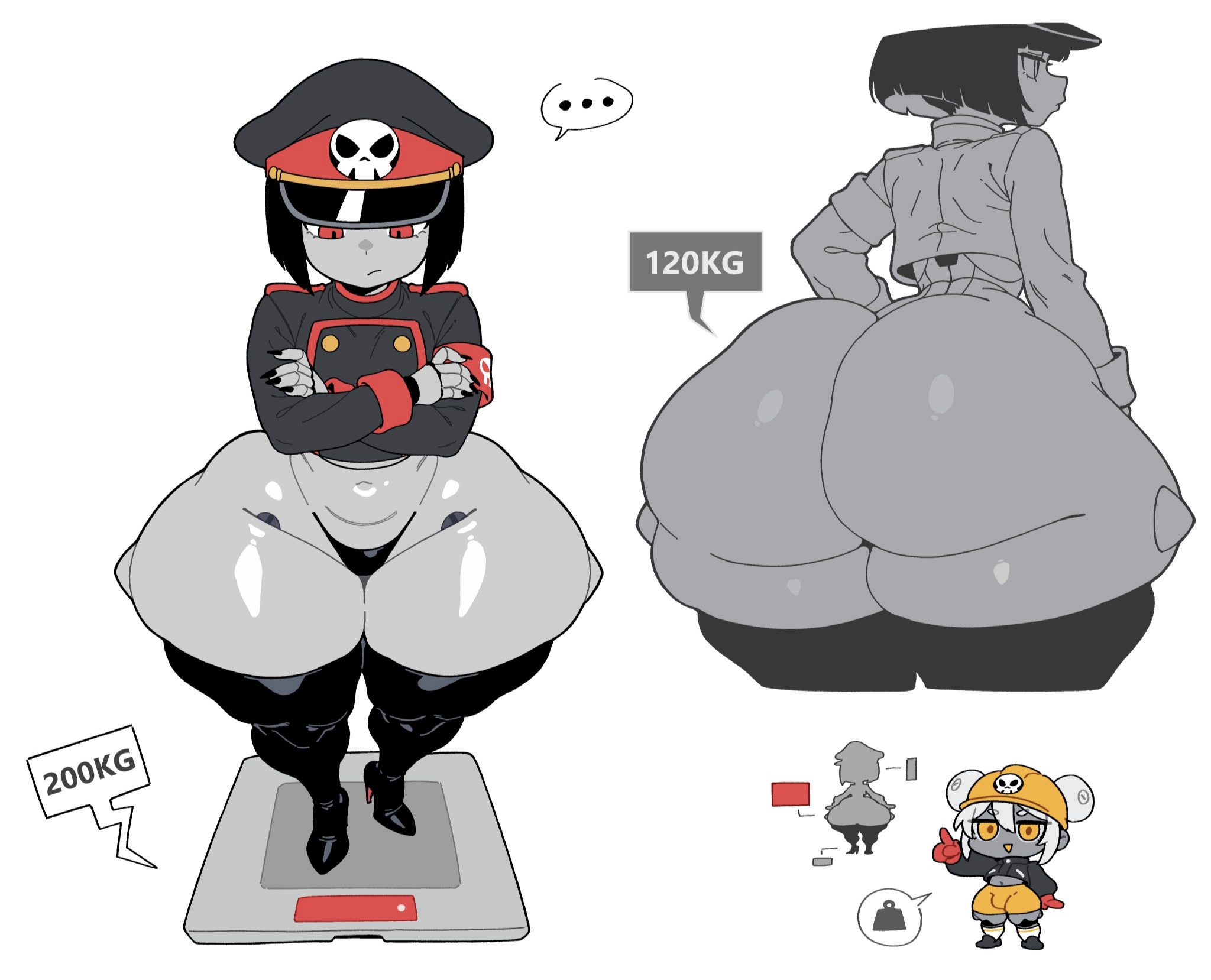1boy, 1girls, ass, big ass, bingbingzi, black nails, chengchezhiice, dumptruck ass, femboy, high heels, large ass, red eyes, robot commander (bingbingzi), robot girl, short hair, shortstack, stockings, thick thighs, thighs, wide hips