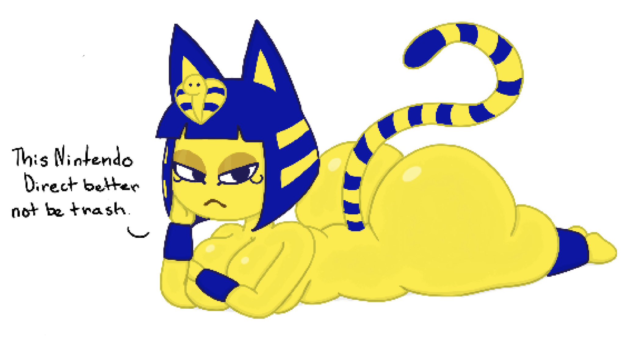 animal crossing, ankha, ankha (animal crossing), ass, ass focus, ass up, big ass, big booty ankha, big butt, blue and yellow, blue hair, booty, bottom, butt, cat, cat ears, cat tail, catgirl, fat, fat ass, huge ass, laying down, laying on stomach, nintendo, nintendo direct, solo, solo female, solo focus, theslashfive, thick, thick ass, thick thighs, yellow, yellow body, yellow fur, yellow skin