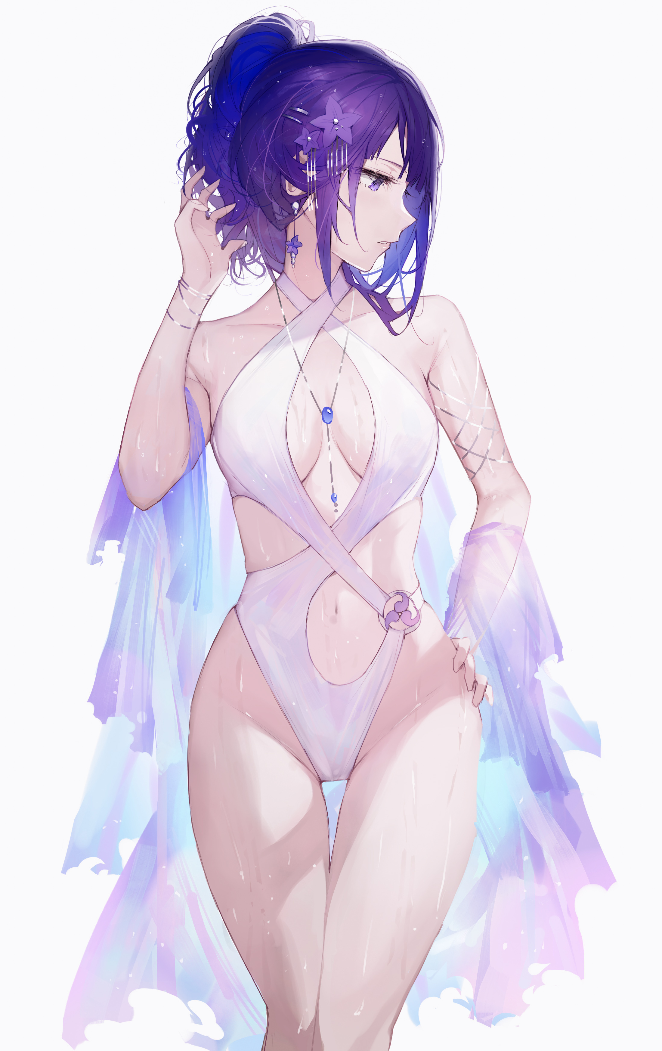 1girls, genshin impact, highres, qiandaiyiyu, raiden shogun, swimsuit, tagme