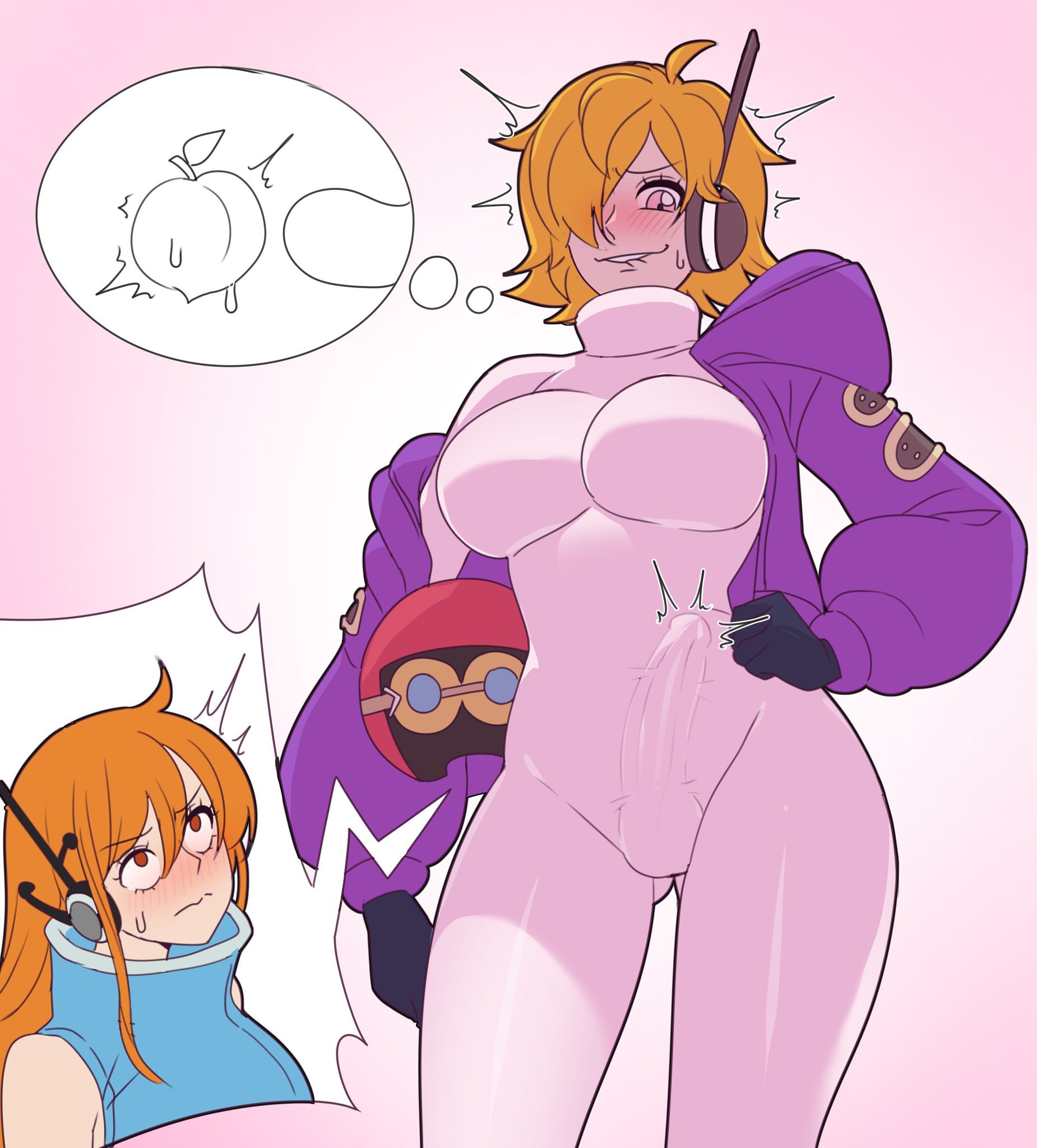 1girls, ariel lopez, biting lip, bulge, bulge through clothing, fully clothed, futanari, height difference, helmet, nami (one piece), one piece, orange hair, orange-haired female, peach (fruit), thinking, vegapunk lilith