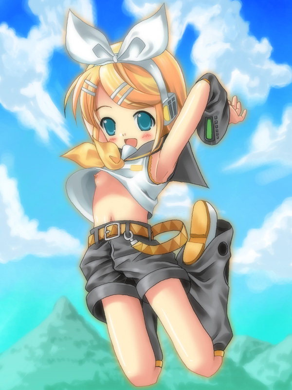 blonde_hair blue_eyes hair_ribbon headphones kagamine_rin nipple_slip nipples no_bra ribbon ribbons ryunnu short_hair solo vocaloid