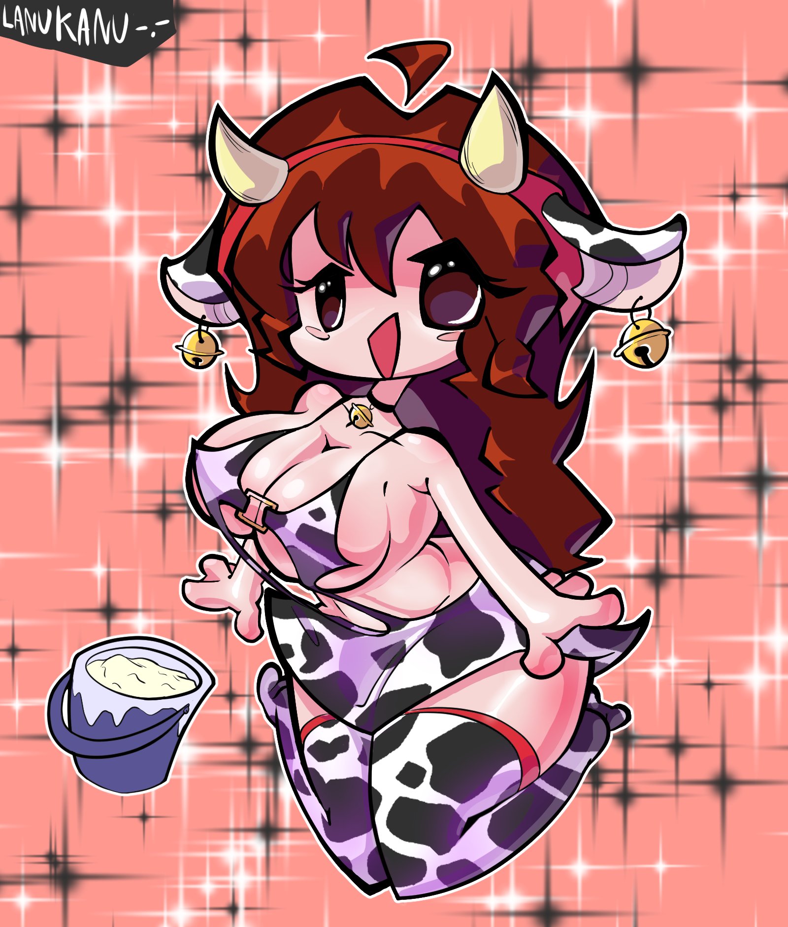 auburn hair, big breasts, cow bikini, cow ears, cow girl, friday night funkin, girlfriend (friday night funkin), lanukanu, large breasts, long hair, milk, milk bucket, thick thighs, thighhighs, thighs