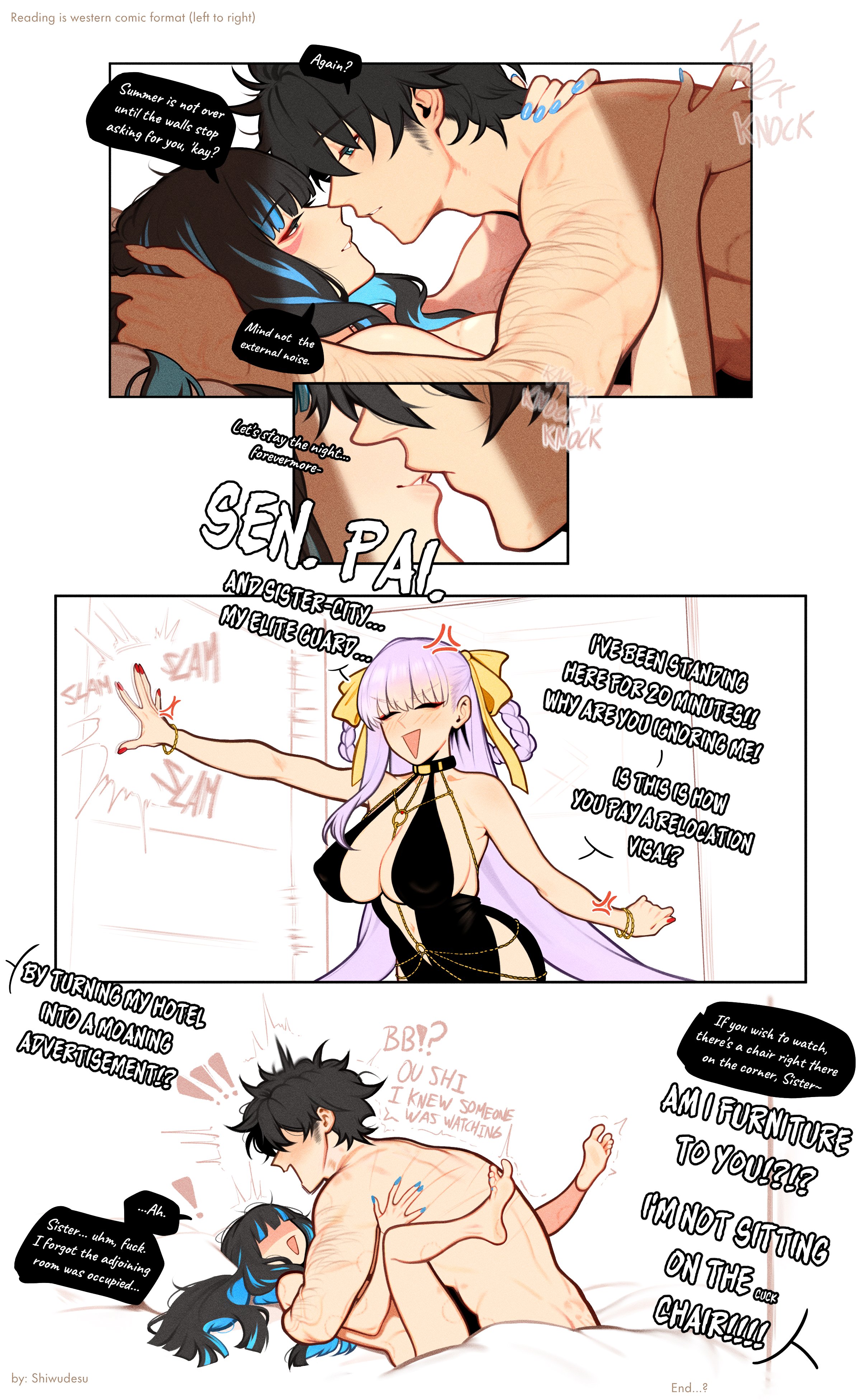 1boy, 2girls, barefoot, bb (fate), bb dubai (fate), black dress, black hair, blue hair, caught, english text, fate (series), fate/grand order, fujimaru ritsuka (male), hetero, incoming kiss, legs up, nude, nude female, nude male, sex, shiwudesu, speech bubble, tenochtitlan (fate), toes