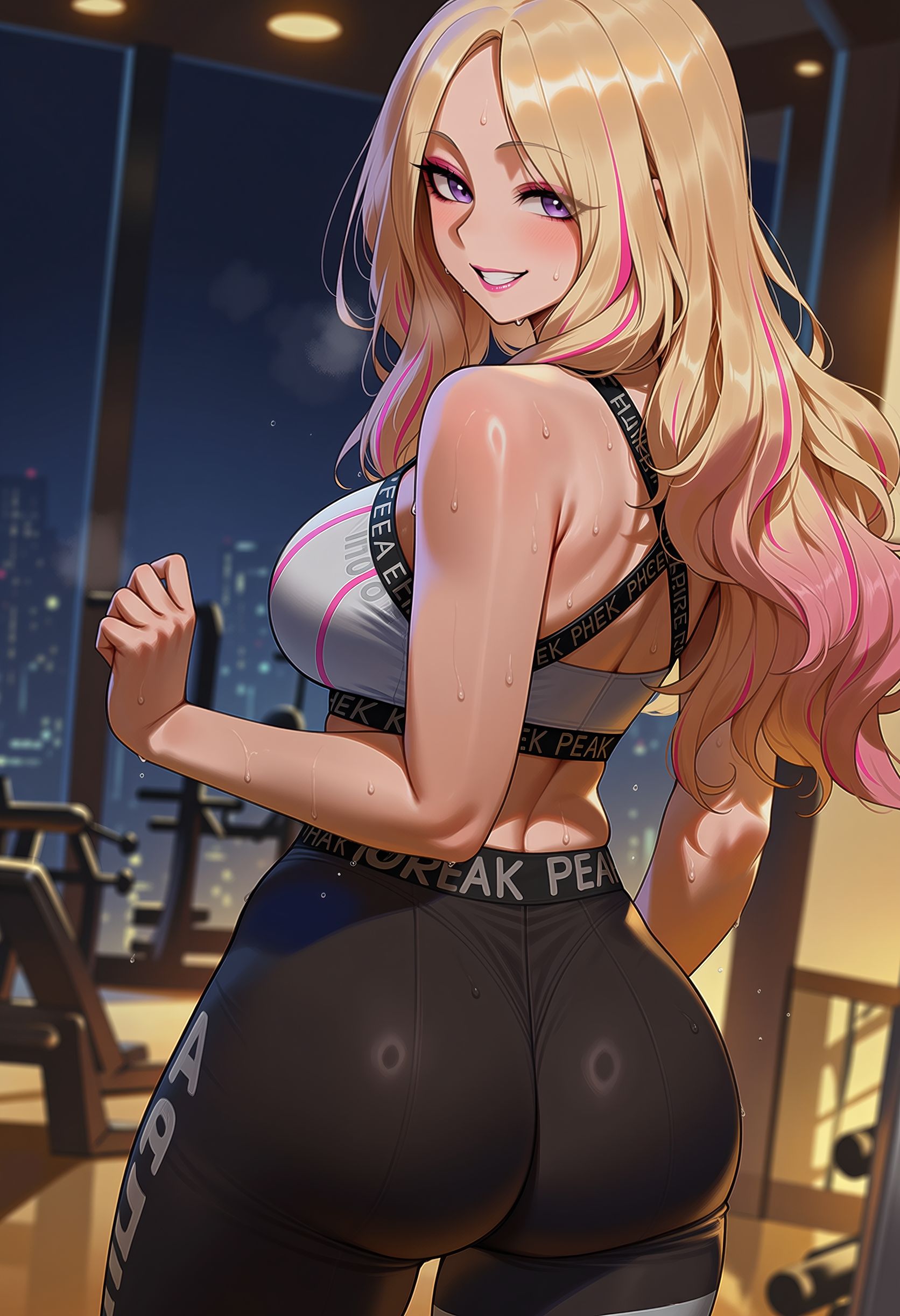 1girl, ai generated, ass, back, bare shoulders, black pants, blonde hair, blush, breasts, cityscape, clothing, cowboy shot, duxvector, female, from behind, gakuen idolmaster, grey sports bra, grin, gym, huge ass, idolmaster, indoors, juo sena, large breasts, leggings, long hair, looking at viewer, looking back, medium breasts, multicolored hair, night, night sky, nike (company), pants, parted bangs, patreon username, pink hair, purple eyes, smile, solo, sports bra, sportswear, standing, streaked hair, thighs, tight clothes, tight pants, two-tone hair, white sports bra, window, yoga pants