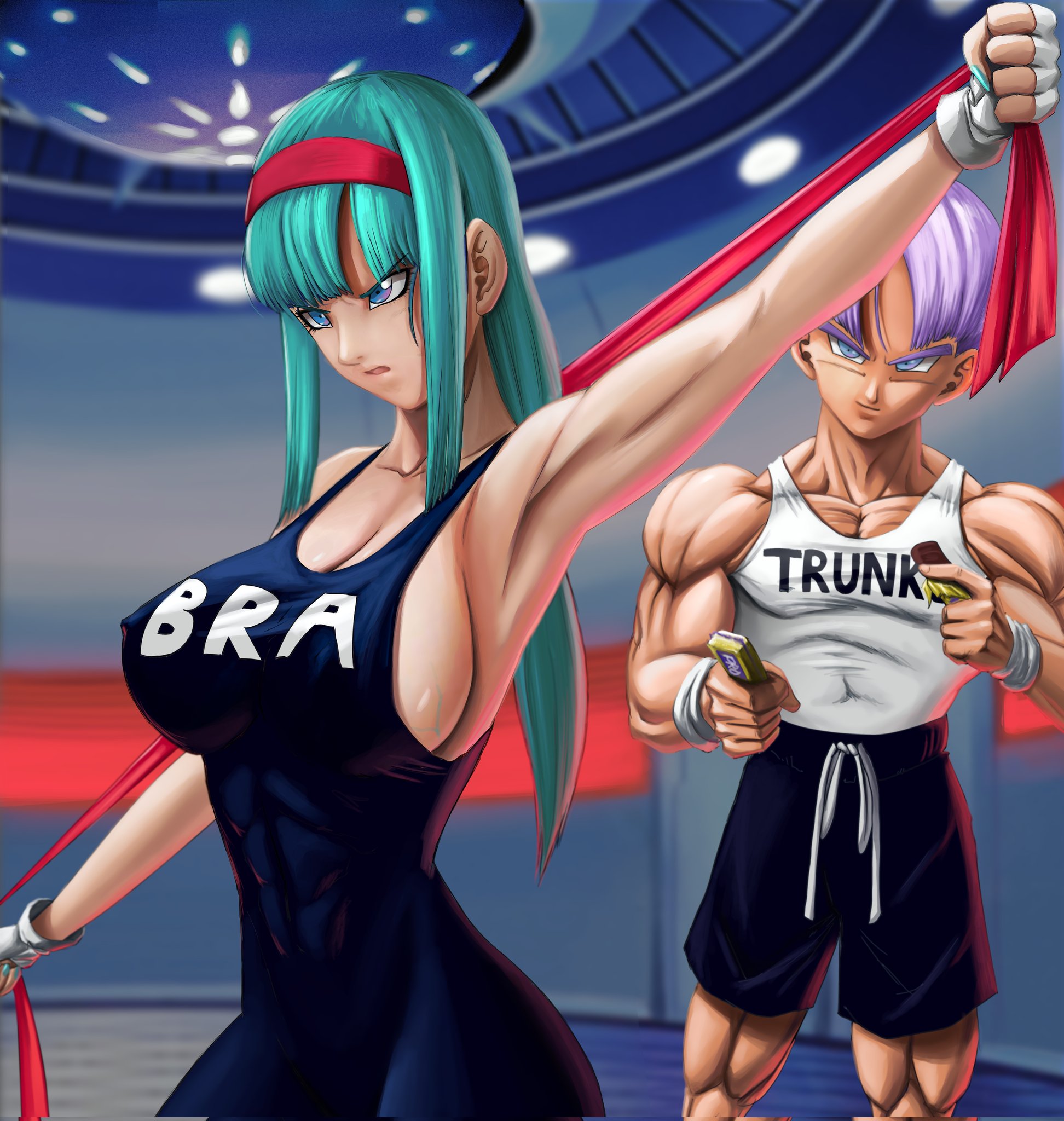 1boy, 1girls, abs, big breasts, blue eyes, blue hair, bra (dragon ball), bra briefs, breasts, brother and sister, dragon ball, dragon ball gt, dragon ball super, elitenappa, female, female saiyan, long hair, male, male saiyan, saiyan, sideboob, stretching, trunks (dragon ball), trunks briefs, workout
