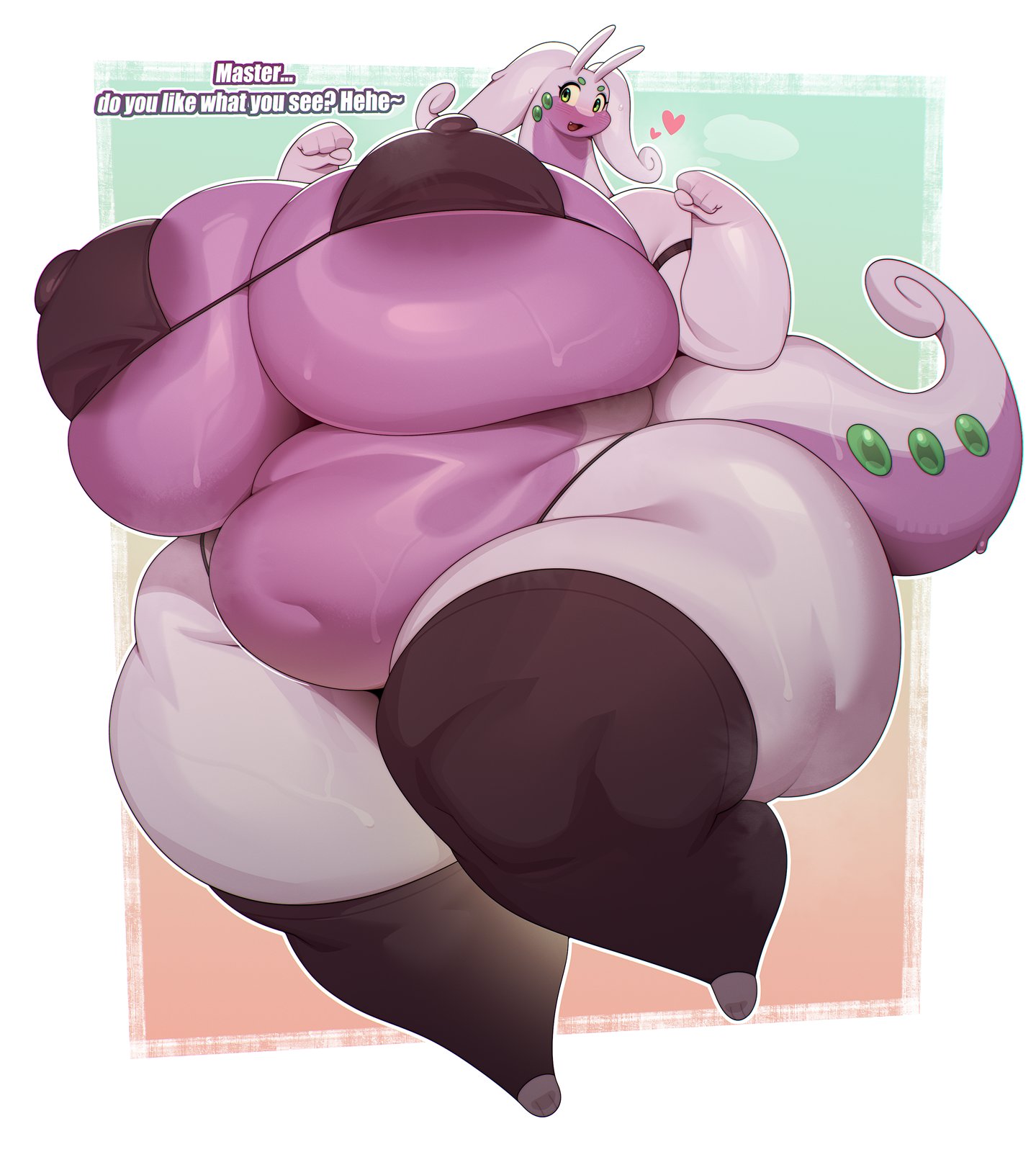 1girls, absurd res, anthro, anthrofied, areola slip, berseepon09, big breasts, bikini, blush, breasts, breasts bigger than head, busty, chubby, chubby female, curvaceous, curvy, curvy female, curvy figure, dialogue, digital media (artwork), english text, eyebrows, eyelashes, female, female focus, female only, fur, furry, generation 6 pokemon, glistening, glistening body, goodra, green eyes, hi res, hourglass figure, huge, huge breasts, mammal, motion lines, nintendo, nipple bulge, plump, pokemon, pokemon (species), purple body, purple fur, purple skin, solo, sweat, sweatdrop, sweating, sweaty, text, thick thighs, twitter link, video games, voluptuous, voluptuous female, wide hips