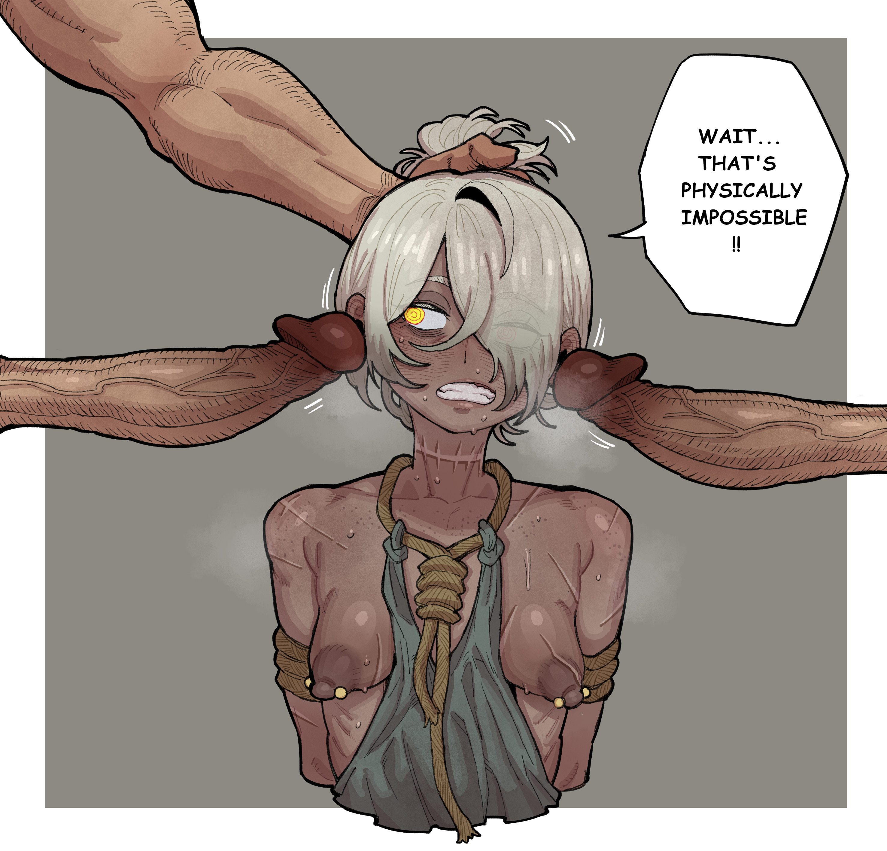 breasts out, dark penis, dark skin, dark-skinned female, dragon's dogma, dragon's dogma 2, ear fuck, ebonyxh, english text, eylin eyla (ebonyxh), femsub, girthy penis, grey hair, hair grab, hair over one eye, huge penis, imminent ear penetration, imminent penetration, maledom, mmf threesome, multiple penises, neck scar, nipple piercing, nipples, noose, original, penis, piercing, pussy, scared, scars all over, slave, slave girl, small breasts, surrounded by penises, text, threesome, veiny penis